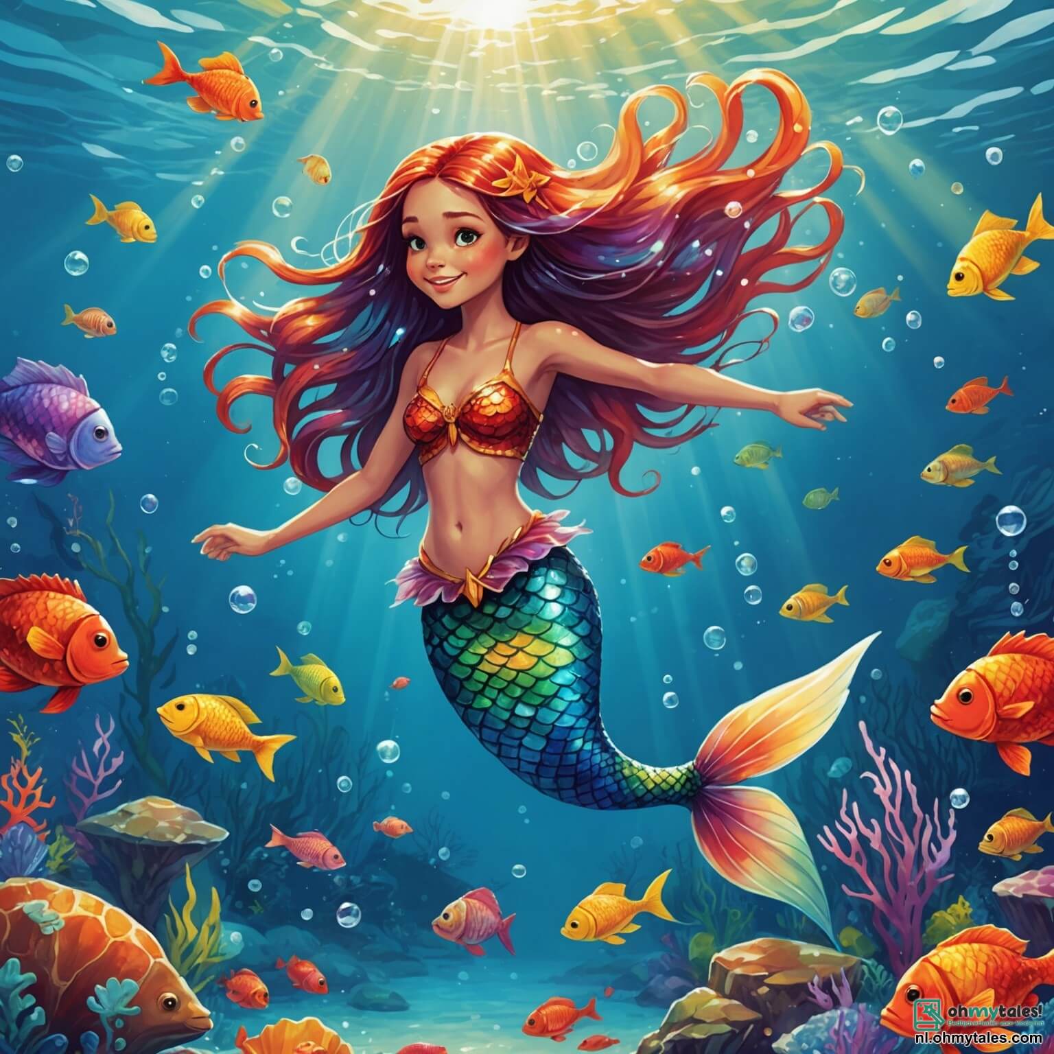 Une illustration destinée aux enfants représentant une sirène aux écailles scintillantes comme des étoiles, avec de longs cheveux flottants aux couleurs de l'arc-en-ciel, qui nage joyeusement dans les eaux cristallines d'un océan ensoleillé, où des poissons multicolores dansent autour d'elle, tandis qu'elle tente de convaincre un petit crabe malicieux, à la carapace rouge vif et aux yeux pétillants de malice, de l'aider à retrouver son collier magique perdu au fond d'une grotte sous-marine ornée de coraux flamboyants et de coquillages étincelants, où la lumière du soleil filtre à travers l'eau, créant des reflets dorés sur le sable fin.