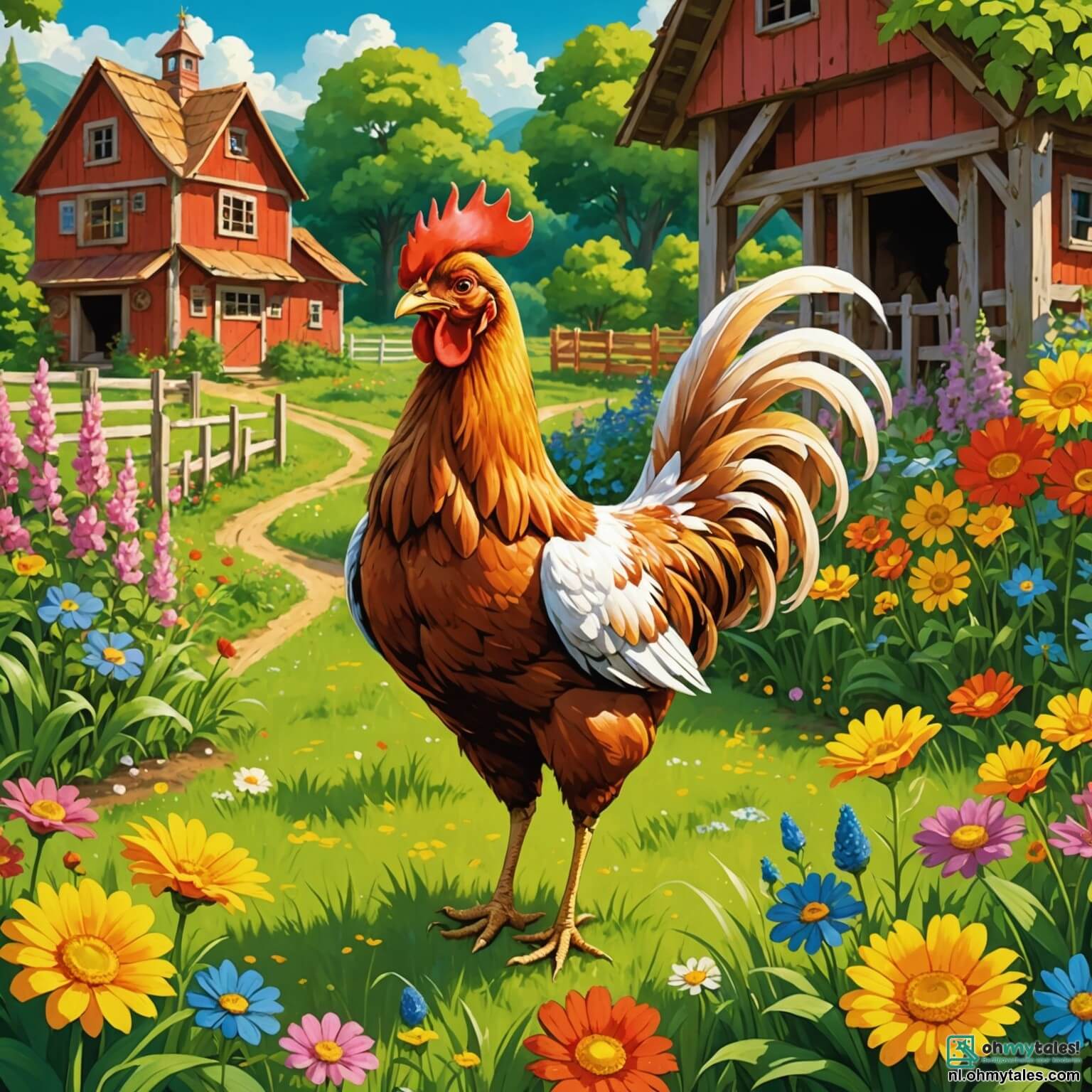 Une illustration destinée aux enfants représentant une poule au plumage doré et brillant, aux yeux pétillants de curiosité, se tenant fièrement sur une petite ferme colorée, entourée de champs verdoyants et de fleurs éclatantes, tandis qu'elle s'apprête à vivre une grande aventure dans la forêt mystérieuse voisine, où elle rencontrera un renard rusé aux ruses aiguisées et une tortue sage, tous deux cachés sous les feuillages d'arbres majestueux dont les branches dansent doucement au gré du vent, créant une atmosphère à la fois enchantée et légèrement inquiétante.
