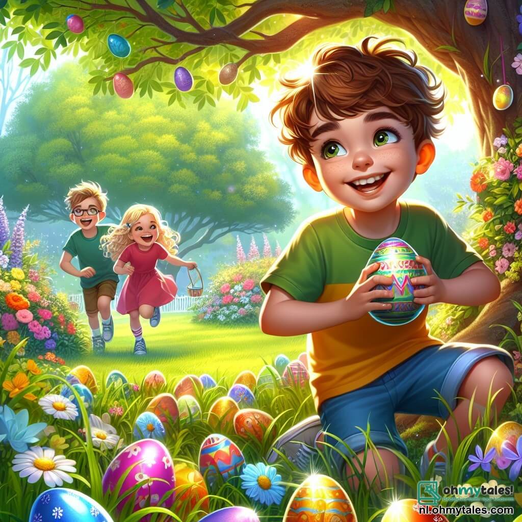 Illustratie van een prachtige lentetuin, vol met kleurrijke bloemen in volle bloei, met een grote boom in het midden die zachte schaduw biedt. Op de grond ligt een groen gazon bezaaid met paaseieren versierd in felle kleuren. Op de voorgrond zit een 11-jarig jongen met bruin, krullend haar, gekleed in een gele t-shirt en een blauwe korte broek. Hij zit in een hurkende houding met een grote glimlach op zijn gezicht, terwijl hij een glanzend paasei in zijn handen houdt. Zijn ogen stralen van opwinding terwijl hij om zich heen kijkt, klaar om andere verborgen schatten te ontdekken. Dichtbij zijn twee andere kinderen, een 10-jarig meisje met blonde vlechten en een roze jurk, en een 9-jarig jongen met een bril en een groene t-shirt, die in het gras aan het zoeken zijn. Het meisje lacht terwijl ze een versierd ei vasthoudt, terwijl de jongen met een geconcentreerde blik naar de grond kijkt. De scène straalt een vrolijke en feestelijke sfeer uit, vol met gelach en enthousiasme terwijl de kinderen deelnemen aan een paaseierenzoektocht, omringd door de schoonheid van de lente. Kleurrijke vlinders fladderen om hen heen en voegen een vleugje magie toe aan dit betoverende moment.