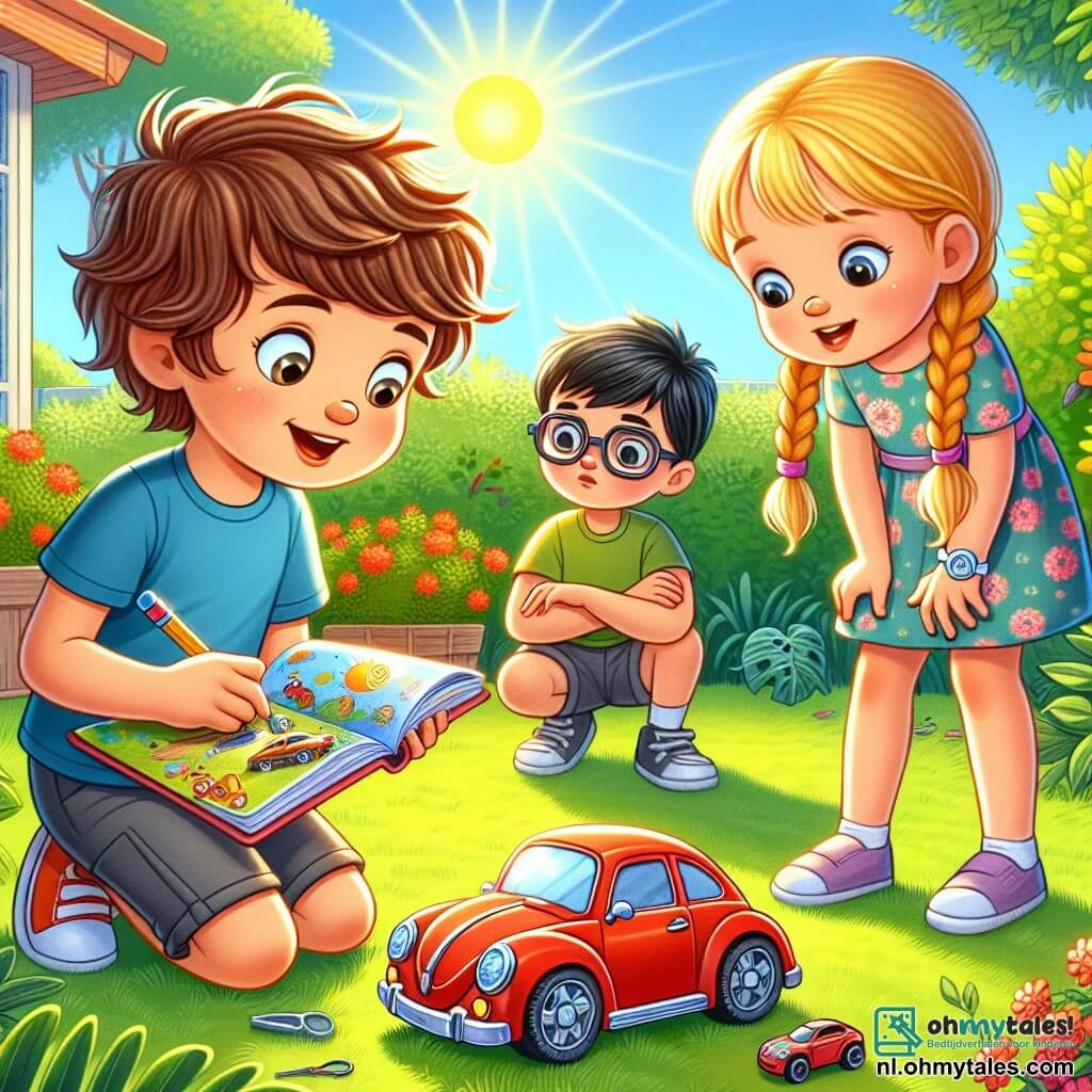 Une illustration sous forme de dessin destinée aux enfants représentant une scène ensoleillée dans un jardin coloré, où un garçon de 5 ans aux cheveux bruns en bataille, portant un t-shirt bleu et un short rouge, se penche avec curiosité pour examiner une petite voiture rouge brillante posée sur l'herbe, tandis qu'une fille de 7 ans aux cheveux blonds tressés, vêtue d'une robe à fleurs, tient un carnet de notes et observe attentivement, et un garçon de 6 ans aux cheveux noirs et aux lunettes rondes, vêtu d'un t-shirt vert, se tient à côté d'eux, tous trois concentrés sur la recherche d'indices pour retrouver le jouet disparu du garçon.