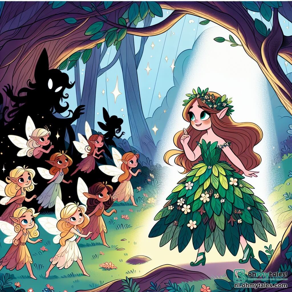 Une illustration sous forme de dessin destinée aux enfants représentant une clairière enchantée au cœur d'une forêt magique, où une jeune fille aux longs cheveux ondulés et aux yeux pétillants, vêtue d'une robe faite de feuilles et de fleurs, se tient courageusement face à une ombre menaçante, tandis qu'un groupe de petites créatures féeriques, avec des ailes scintillantes et des sourires encourageants, l'entoure, prêt à l'aider à combattre la sombre menace qui pèse sur leur monde.