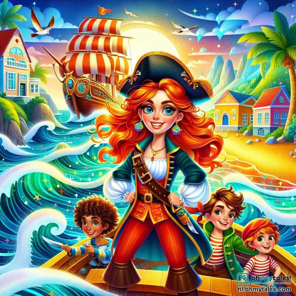 Une illustration destinée aux enfants représentant une intrépide pirate au regard pétillant et à la chevelure flamboyante, se tenant fièrement sur le pont de son navire coloré, la mer scintillante à perte de vue, tandis qu'elle mène son équipage composé d'un garçon astucieux aux cheveux bouclés, d'un garçon costaud à l'allure joviale et d'un jeune garçon enthousiaste, tous prêts à affronter des tempêtes et des ennemis redoutables, dans un monde vibrant de couleurs où les vagues dansent sous le soleil et où les îles mystérieuses cachent des trésors oubliés, le tout se déroulant dans un petit village côtier aux maisons pastel, bordé de palmiers et de plages dorées.