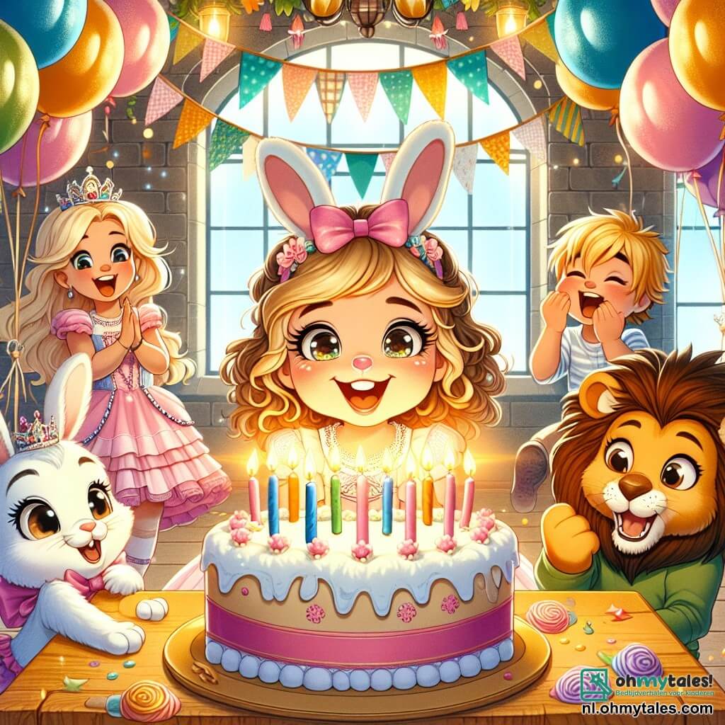 Une illustration sous forme de dessin destinée aux enfants représentant une joyeuse salle de fête décorée de ballons colorés et de guirlandes, où une fille de 9 ans aux cheveux bouclés et aux yeux pétillants, vêtue d'un costume de petit lapin, souffle sur des bougies d'anniversaire d'une grande et délicieuse gâteau, entourée de ses amis : une fille aux cheveux blonds en lionne qui applaudit et un garçon aux cheveux bruns en petit chien qui fait des grimaces, tous deux riant et célébrant ensemble ce moment magique d'anniversaire.
