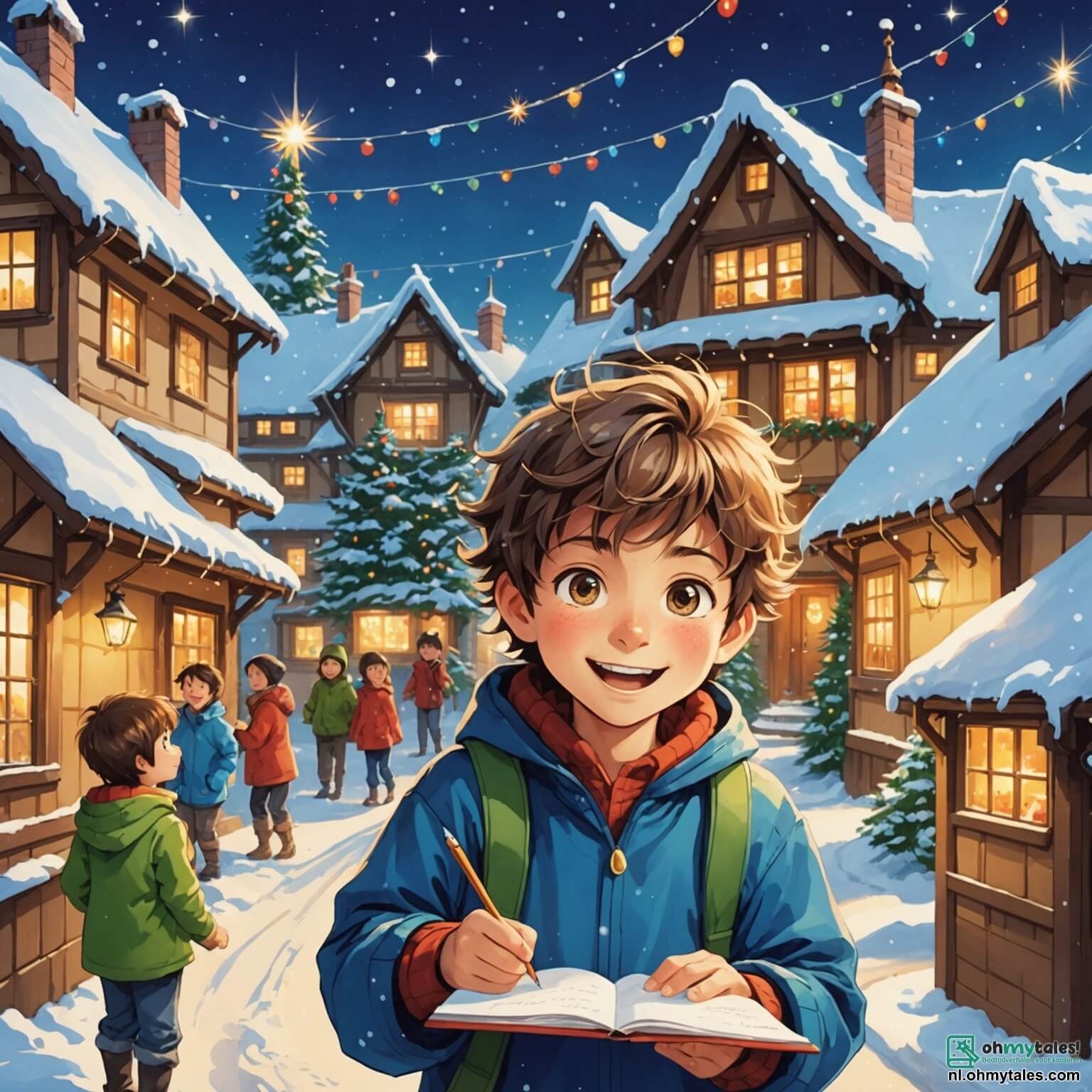 Une illustration destinée aux enfants représentant un garçon aux yeux pétillants et aux cheveux ébouriffés, débordant d'excitation alors qu'il s'apprête à célébrer la magie de Noël dans son charmant petit village enneigé, où les maisons aux toits recouverts de neige scintillante sont ornées de guirlandes lumineuses multicolores, tandis qu'il s'active à écrire une lettre au père Noël, entouré de sa douce mère au sourire chaleureux et de sa petite sœur aux boucles dorées, tous réunis autour d'un sapin majestueux décoré de boules étincelantes et de guirlandes scintillantes, dans une ambiance chaleureuse et festive qui emplit l'air d'une douce odeur de biscuits fraîchement cuits.