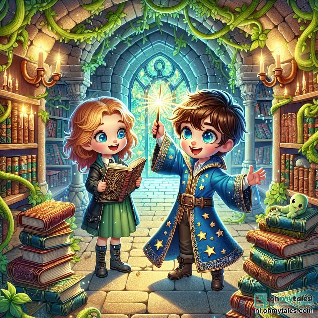Une illustration sous forme de dessin destinée aux enfants représentant une magnifique et mystérieuse bibliothèque ancienne, aux murs couverts de livres poussiéreux et de lianes verdoyantes, où un jeune garçon sorcier aux cheveux ébouriffés et aux yeux pétillants, vêtu d'une robe de sorcier bleue ornée d'étoiles dorées, lève sa baguette magique pour faire briller une lumière éclatante, tandis qu'à ses côtés, une fille aux longs cheveux ondulés et à la robe verte, souriante et pleine de curiosité, l'encourage avec enthousiasme, alors qu'ils s'apprêtent à découvrir les secrets magiques d'un ancien grimoire.