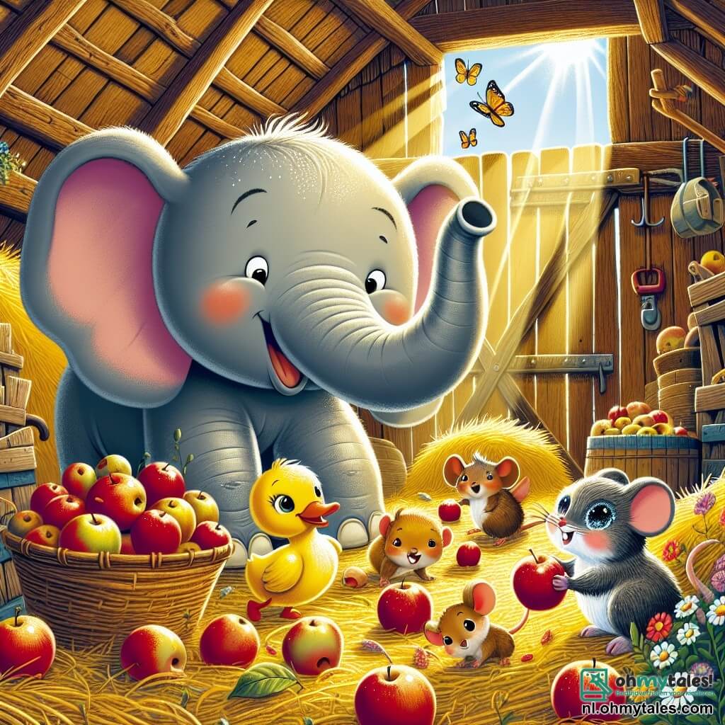 Illustratie van een vrolijke scène in een oude schuur, met zonnestralen die door de versleten houten planken filteren en hopen hooi en oude gereedschappen verlichten. In het midden leunt een grote olifant met grote oren en een grijze huid, met een vriendelijke glimlach, om een klein groepje dieren te helpen. Naast hem flappert een kleine gele kanarie met glanzende veren opgewonden met zijn vleugels, terwijl een kleine muis met sprankelende ogen en een bruine vacht zich tussen de appels wurmt. Samen ontdekken ze een grote mand vol sappige rode appels, wat een sfeer van kameraadschap en avontuur creëert. Kleurrijke details zoals wilde bloemen en fladderende vlinders voegen een vleugje magie toe aan deze levendige scène.