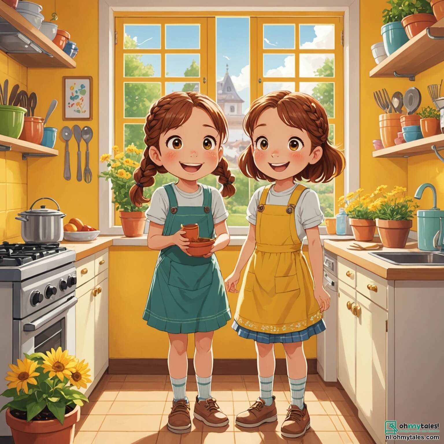 Une illustration destinée aux enfants représentant une petite fille aux cheveux châtains tressés, pétillante de joie et d'enthousiasme, se tenant dans une cuisine ensoleillée aux murs jaunes, ornée de dessins colorés et de pots de fleurs sur le rebord de la fenêtre, alors qu'elle s'affaire avec son meilleur ami, un garçon aux yeux brillants et aux rires contagieux, à préparer une surprise pleine de tendresse et de rires pour célébrer la fête des mères, en tentant de concocter des pannenkoeken tout en créant une carte colorée, le tout dans une ambiance chaleureuse et pleine de créativité.