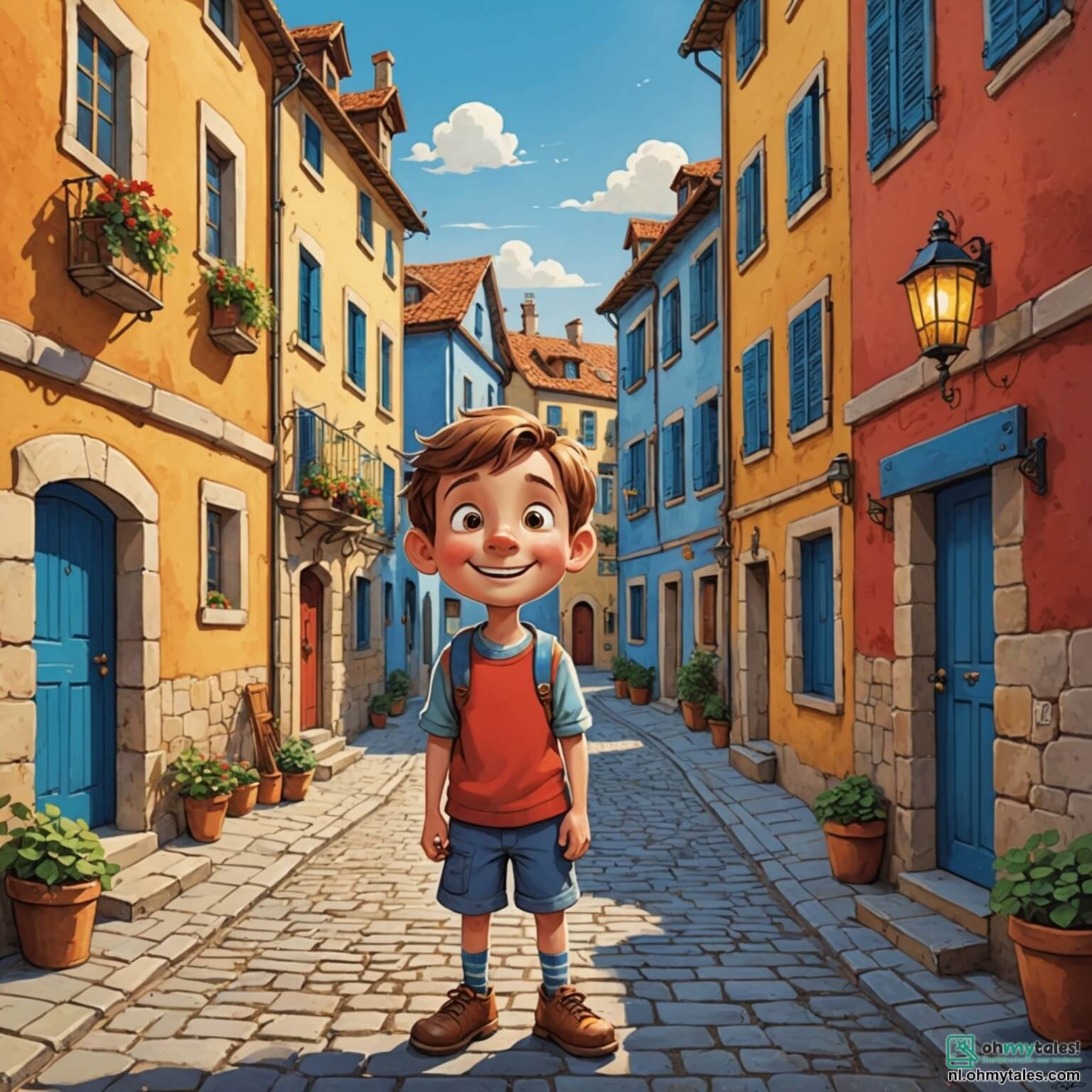 Une illustration destinée aux enfants représentant un jeune garçon en bois au sourire éclatant et à la grande nez curieux, se tenant au milieu d'une charmante ville ensoleillée, où les rues pavées scintillent sous les rayons dorés du soleil, entouré de maisons colorées aux volets bleus et aux toits en tuiles rouges, tandis qu'il rêve d'aventures palpitantes, accompagné de sa fidèle amie, une fillette au regard pétillant et aux cheveux dorés, qui l'encourage à découvrir le monde et à surmonter les défis, tout en se remémorant les sages conseils de son père adoptif, un vieil artisan au cœur tendre, qui veille sur lui depuis son atelier rempli de copeaux de bois et de créations magiques.