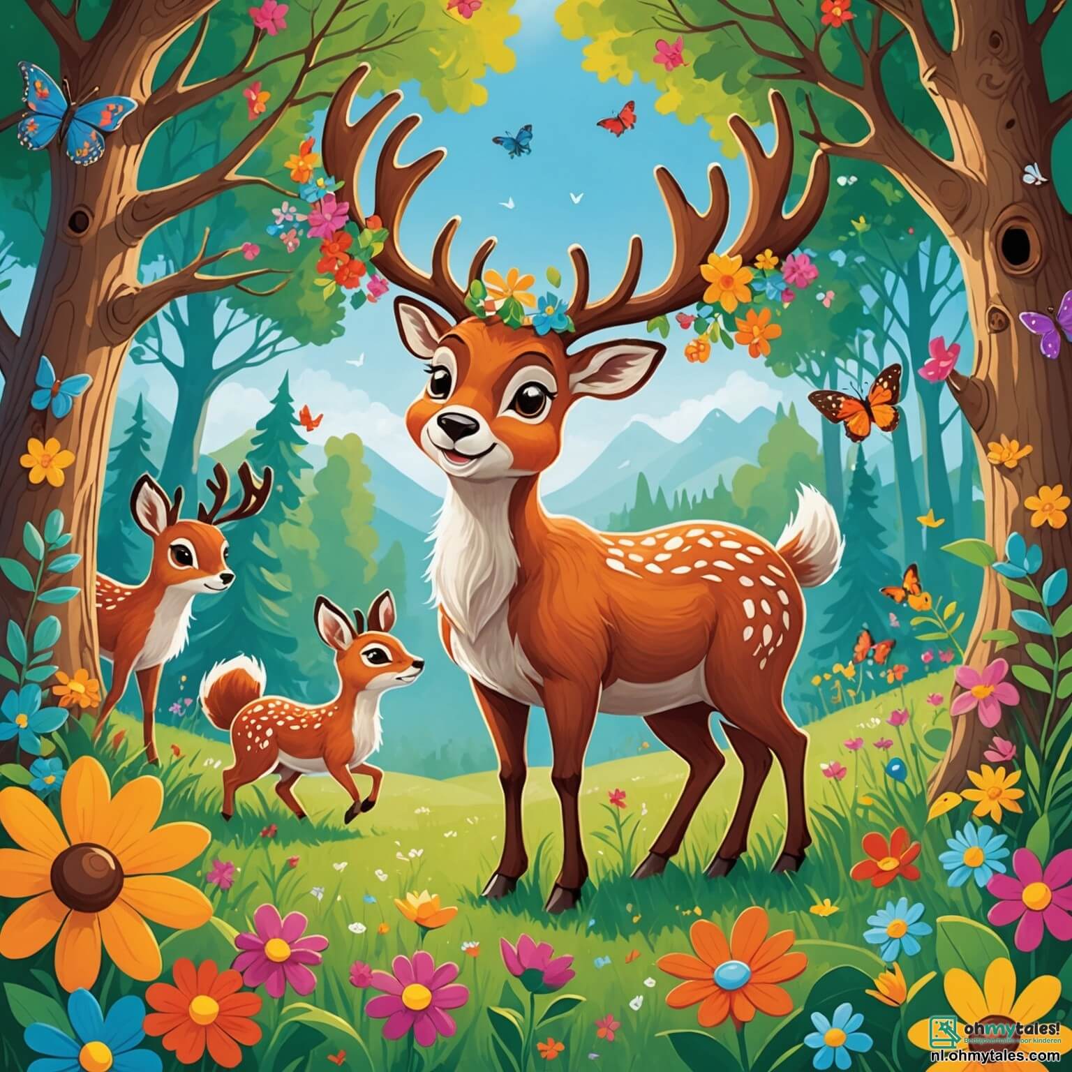 Une illustration destinée aux enfants représentant un renne espiègle aux grandes cornes ornées de fleurs colorées, sautillant joyeusement à travers une clairière ensoleillée du vaste et verdoyant royaume des animaux, où des amis comme un joyeux écureuil aux yeux pétillants et une sage chouette perchée sur une branche d'arbre feuillu l'encouragent à préparer un grand festival de danse, tandis que des papillons multicolores virevoltent autour d'eux et que le doux murmure d'un ruisseau scintillant ajoute une mélodie apaisante à cette scène enchantée.