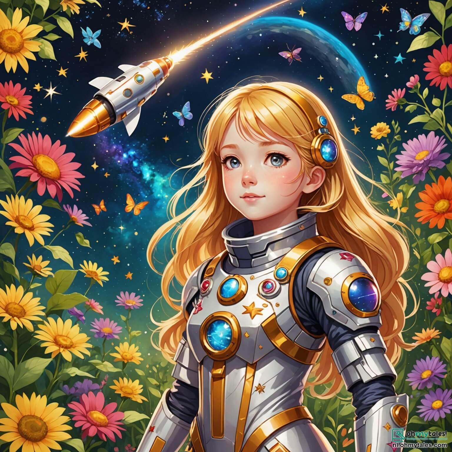 Une illustration destinée aux enfants représentant une jeune fille aux cheveux dorés comme les rayons du soleil, vêtue d'une combinaison spatiale scintillante ornée d'étoiles brillantes, se tenant fièrement à côté de sa fusée colorée, la "Sterrenjager", dans un jardin verdoyant rempli de fleurs multicolores et de papillons virevoltant, tandis qu'elle rêve de voyager vers la lune et d'organiser un grand festin pour les étoiles, entourée de ses deux amis, un garçon aux cheveux bruns pétillants d'enthousiasme et un autre garçon aux lunettes rondes, tous deux partageant son rêve d'explorer l'univers et de découvrir des trésors cachés dans l'immensité du ciel étoilé.