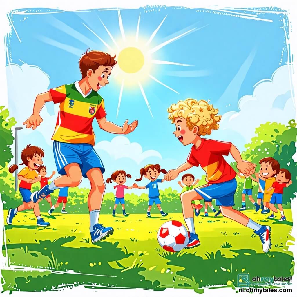 Une illustration sous forme de dessin destinée aux enfants représentant un terrain de football verdoyant sous un ciel bleu ensoleillé, avec un homme athlétique aux cheveux bruns et courts, portant un maillot coloré et des shorts, montrant à un garçon aux cheveux blonds et bouclés, vêtu d'un t-shirt et de baskets, comment dribbler un ballon de football, tandis qu'un groupe d'enfants joyeux en arrière-plan applaudit et encourage, créant une atmosphère de camaraderie et de plaisir autour du jeu.