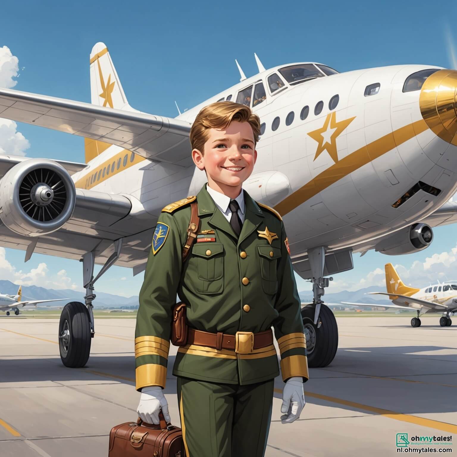 Une illustration destinée aux enfants représentant un homme au sourire chaleureux, vêtu d'un uniforme de pilote aux épaulettes dorées, se tenant fièrement à côté de son majestueux avion blanc aux ailes étincelantes, tandis qu'une petite fille aux yeux pétillants, sa meilleure amie, l'observe avec admiration, tous deux se trouvant sur un aéroport animé, où l'odeur du carburant flotte dans l'air, les bruits des moteurs résonnent autour d'eux, et les avions colorés se préparent à décoller sous un ciel bleu parsemé de nuages cotonneux, symbolisant l'aventure et les rêves qui s'envolent vers des horizons lointains.