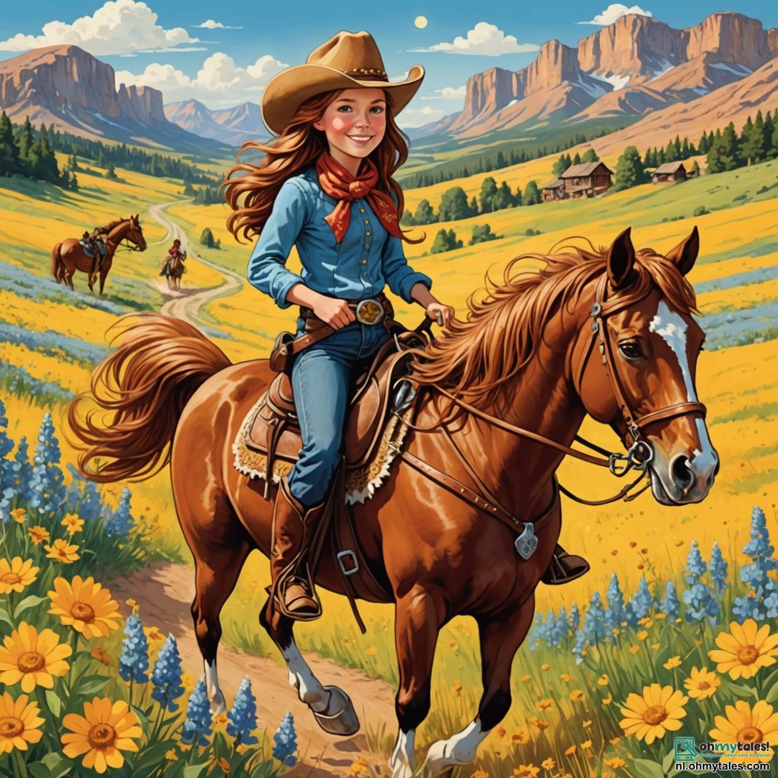 Une illustration destinée aux enfants représentant une courageuse cow-girl aux cheveux châtains flottant au vent, portant un chapeau de cowboy légèrement incliné sur sa tête, chevauchant son fidèle destrier à la crinière dorée, alors qu'elle s'aventure avec ses deux amis, un garçon aux yeux pétillants de curiosité et une fille au sourire éclatant, à travers les vastes prairies dorées du far west, parsemées de fleurs sauvages colorées et bordées de majestueuses montagnes aux sommets enneigés, où ils découvrent une mystérieuse grotte renfermant une légendaire mine d'or, tout en affrontant des bandits malicieux qui menacent leur quête de trésor et d'aventure.