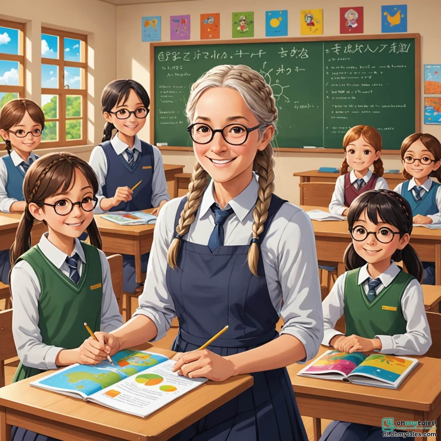 Une illustration destinée aux enfants représentant un instituteur au sourire chaleureux, avec des cheveux grisonnants et des lunettes rondes, se tenant au milieu d'une salle de classe ensoleillée aux murs ornés de dessins colorés et de posters éducatifs, entouré de ses élèves, une fille aux tresses dorées, un garçon aux lunettes et une autre fille aux yeux pétillants, tous assis sur des chaises en bois, impatients de découvrir les merveilles de la science à travers des expériences fascinantes, dans une école pittoresque de Zonneland, où les rayons du soleil filtrent à travers les fenêtres, illuminant les livres empilés sur les étagères et les plantes vertes qui dansent doucement au rythme de la brise.