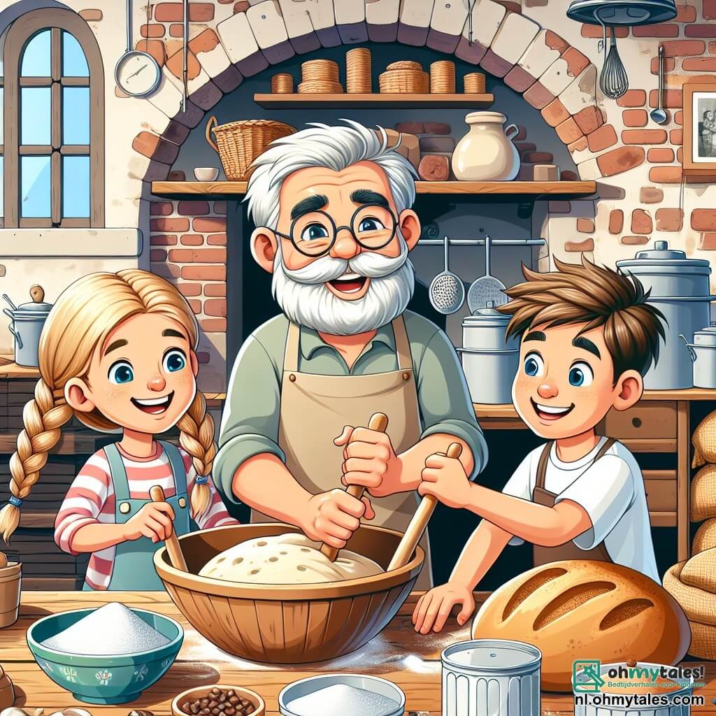 Une illustration sous forme de dessin destinée aux enfants représentant une charmante cuisine de boulangerie avec des murs en briques et une grande table en bois, où un homme âgé, aux cheveux gris et à la barbe bien taillée, sourit joyeusement en pétrissant une pâte à pain, tandis que deux enfants, une fille aux cheveux blonds tressés et un garçon aux cheveux bruns en bataille, s'amusent à mélanger des ingrédients dans un grand bol, entourés de sacs de farine, de pots de sucre et de délicieuses pâtisseries qui embaument l'air, capturant l'esprit de camaraderie et d'apprentissage dans une atmosphère chaleureuse et colorée.