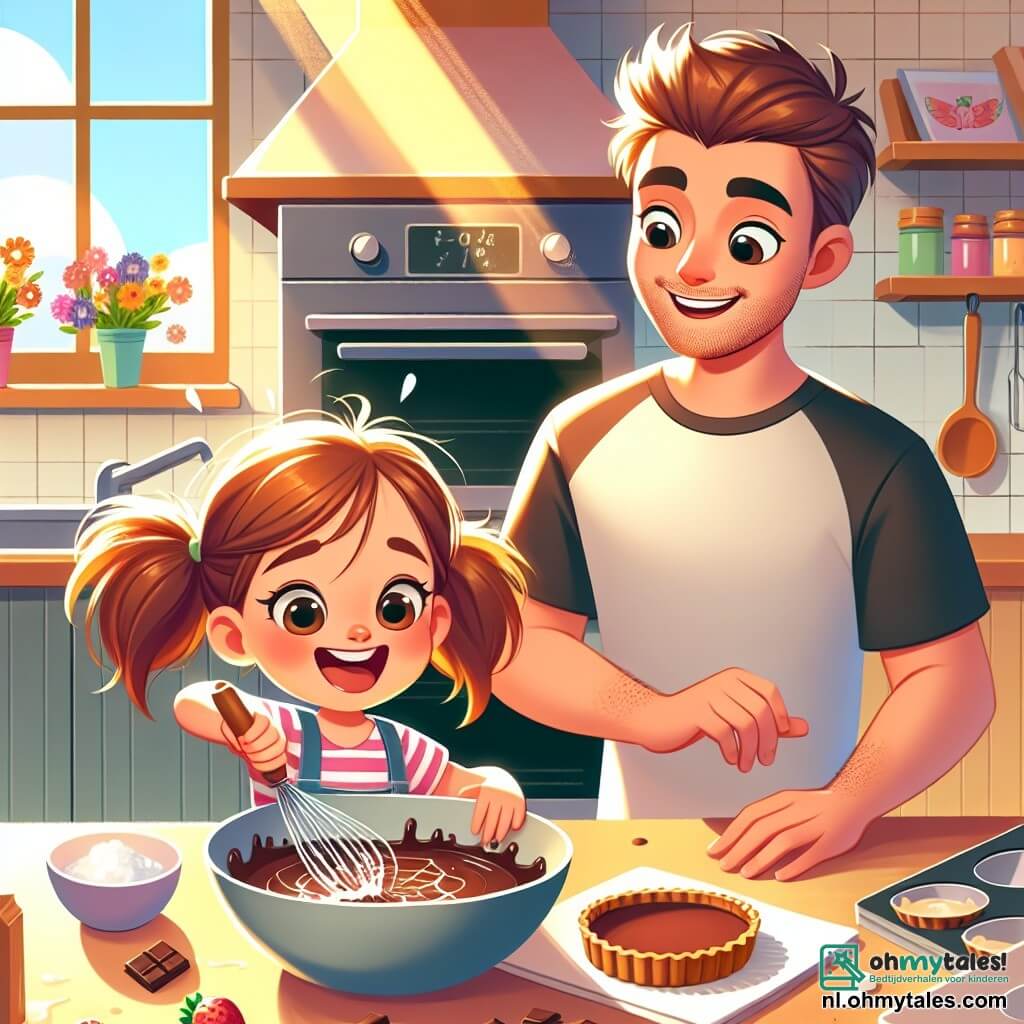 Une illustration sous forme de dessin destinée aux enfants représentant une cuisine ensoleillée et colorée, où une petite fille de 5 ans aux cheveux châtains en queue de cheval, souriante et pleine d'énergie, mélange des ingrédients dans un grand bol pour préparer une délicieuse chocoladetaart, tandis qu'un papa aux cheveux bruns et à la barbe légère, vêtu d'un t-shirt décontracté, observe avec fierté et amusement, entourés de fleurs colorées sur le comptoir et d'un four ouvert dégageant une douce odeur de chocolat, capturant l'esprit joyeux et créatif de la fête des pères.
