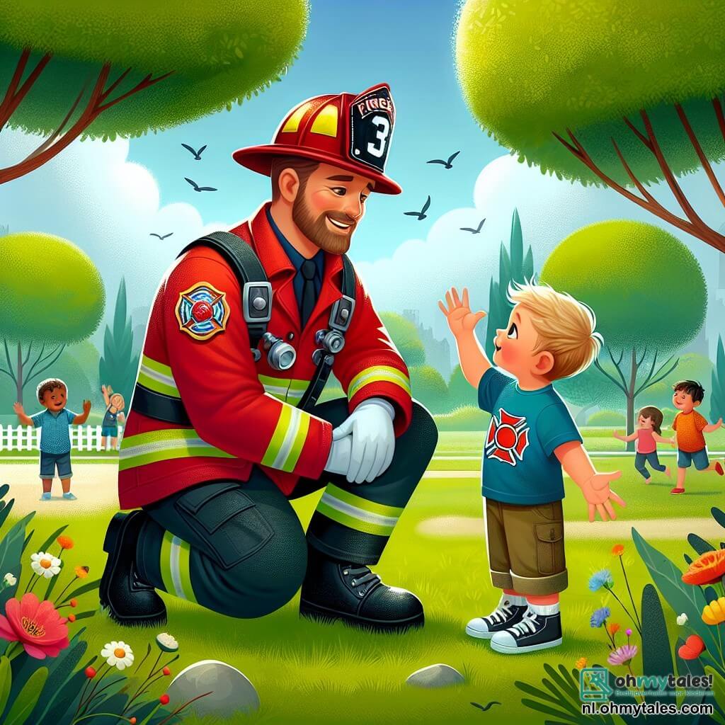 Illustratie van een zonnig park met grote bomen met groene bladeren en kleurrijke bloemen die in de wind dansen. In het midden knielt een man in een rode brandweerman uniform, met een glanzende helm en zwarte laarzen, en glimlacht warm terwijl hij met een jonge jongen praat. De brandweerman heeft een verzorgde baard en sprankelende vriendelijke ogen. De jongen, ongeveer 6 jaar oud, heeft rommelig blond haar en draagt een blauwe t-shirt met een tekening van een brandweerwagen. Hij kijkt met bewondering naar de brandweerman, met grote ogen, terwijl hij zijn armen opheft alsof hij het gebaar van de brandslang wil imiteren. Op de achtergrond spelen andere kinderen met een bal, wat een vrolijke sfeer aan de scène toevoegt. Vogels vliegen in de blauwe lucht en een kleine kat zit op een tak van een boom, kijkend naar het gesprek. De sfeer is vol warmte en kameraadschap, wat het thema van samenwerking en moed illustreert.