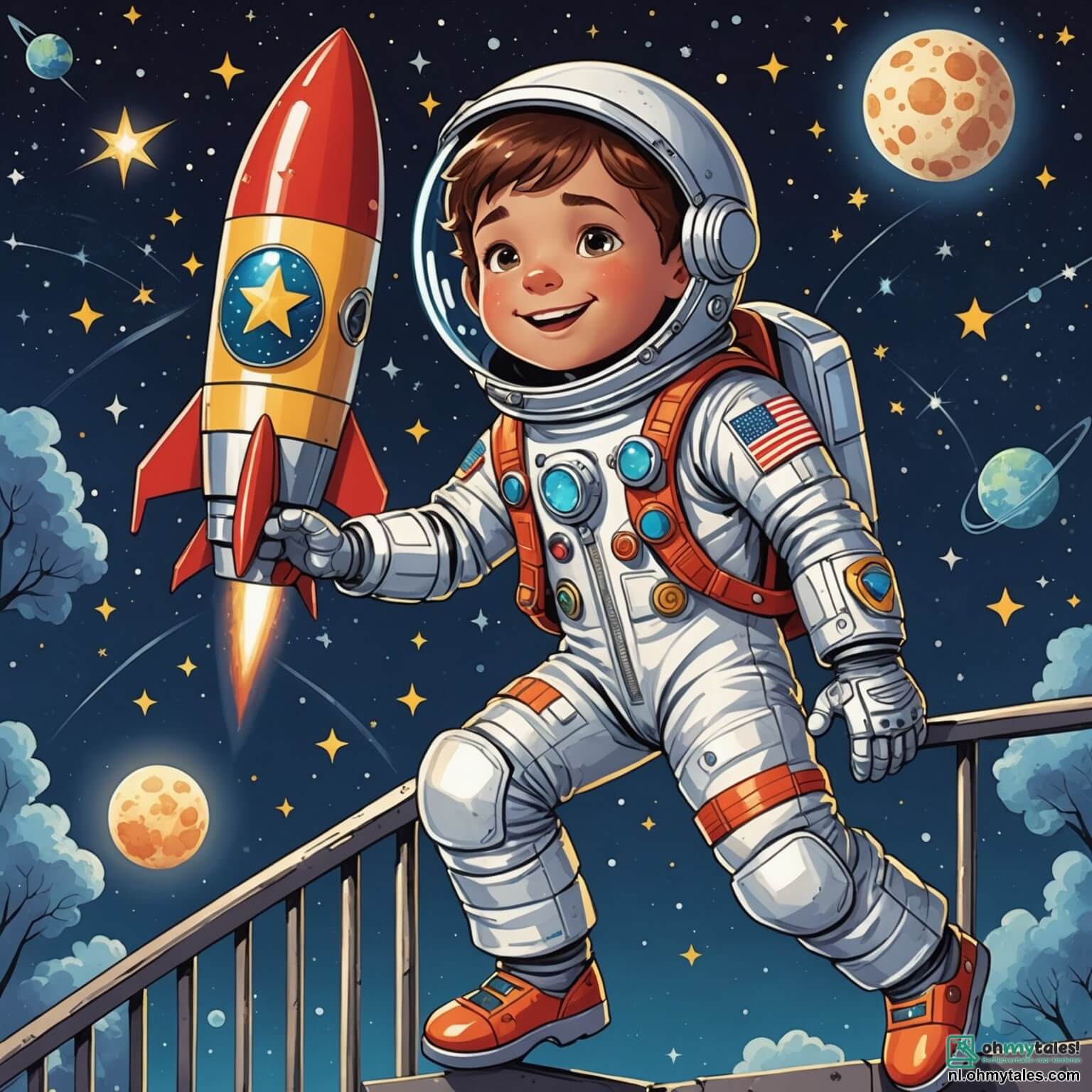 Une illustration destinée aux enfants représentant un jeune garçon aux yeux pétillants de curiosité, vêtu d'une combinaison spatiale brillante et ornée de patchs colorés, se tenant fermement à la rampe d'une fusée majestueuse, prête à s'élancer vers les étoiles scintillantes d'un ciel nocturne parsemé de constellations étincelantes, tandis qu'à ses côtés, son meilleur ami, un garçon au sourire contagieux, l'encourage avec des gestes enthousiastes, et en arrière-plan, une vaste plaine verdoyante s'étend jusqu'à l'horizon, où des collines douces se mêlent à des arbres majestueux, créant un contraste saisissant avec la silhouette futuriste de la fusée qui semble vibrer d'énergie, promettant une aventure intergalactique pleine de découvertes et de rêves à réaliser.