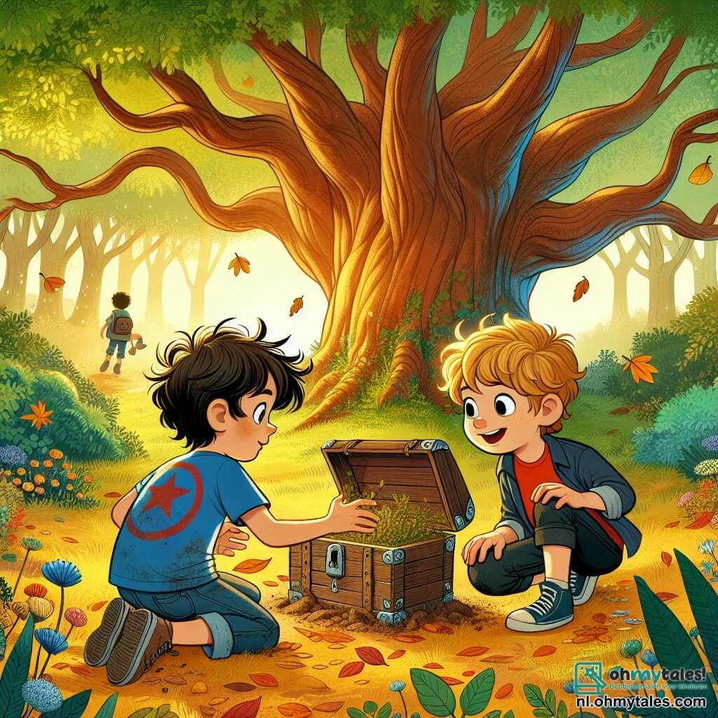 Illustratie van een scène in een groene park, met een grote oude eikenboom in het midden, zijn takken wijd uitgespreid en zijn bladeren helder groen. De grond is bedekt met gouden bladeren en kleine kleurrijke bloemen, wat een magische en vredige sfeer creëert. 

Op de voorgrond zit een 11-jarig jongetje, met rommelig kastanjebruin haar en nieuwsgierige sprankelende ogen, gehurkt naast een oude houten doos die hij net heeft geopend. Hij draagt een blauwe t-shirt met een superheldenmotief en een spijkerbroek, zijn handen zijn vol aarde en bladeren, wat getuigt van zijn zoektocht naar avonturen. 

Naast hem kijkt zijn beste vriend, een andere 11-jarige jongen met blond haar en ronde bril, met een mengeling van opwinding en bezorgdheid. Hij draagt een rode trui en een zwarte broek, met een half opgegeten sandwich in één hand, terwijl zijn andere hand omhoog is in een teken van vraagstelling. 

De hoofdscène toont de twee jongens die een verborgen geheim ontdekken, omringd door een sfeer van mysterie en vriendschap, met zonnestralen die door de takken van de boom filteren en hun ontdekking verlichten. Extra grafische elementen zijn vallende bladeren, een nieuwsgierig klein dier dat de scène observeert, en zachte wolken in een helderblauwe lucht.