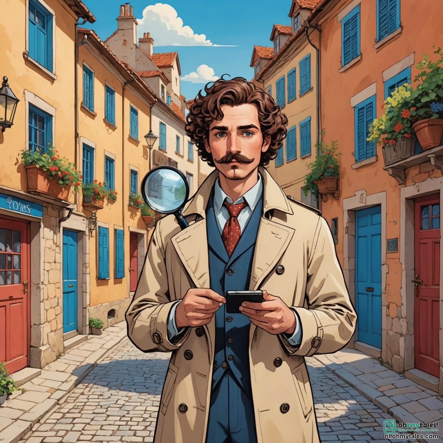 Une illustration destinée aux enfants représentant un homme au regard perçant et à la moustache soignée, vêtu d'un trench-coat beige, tenant une loupe dans sa main, se tenant dans un petit village ensoleillé où les maisons colorées aux volets bleus et aux toits en tuiles rouges s'alignent le long d'une ruelle pavée, tandis qu'une jeune fille aux cheveux bouclés et aux yeux pétillants, vêtue d'une robe à fleurs, l'observe avec curiosité, alors qu'ils tentent de résoudre le mystère de la disparition d'une précieuse clé dorée dans le musée du village, entouré de rires d'enfants jouant dans le parc verdoyant, où les arbres majestueux se balancent doucement sous la brise légère.