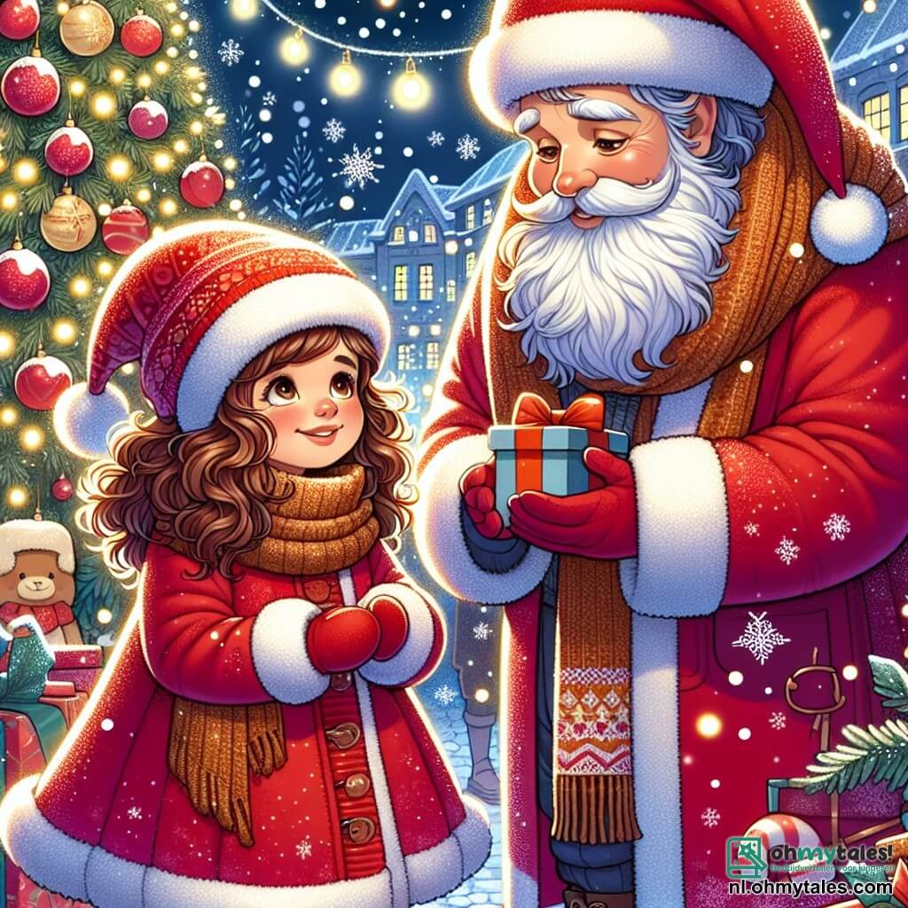Une illustration sous forme de dessin destinée aux enfants représentant une scène magique de Noël sur une charmante place de marché enneigée, où une fille de 9 ans aux cheveux châtains et bouclés, vêtue d'un manteau rouge vif et d'une écharpe en laine, regarde avec émerveillement une grande et scintillante arbre de Noël, tandis qu'un vieux monsieur à la barbe blanche, habillé comme le Père Noël, lui sourit chaleureusement en tenant un jouet en bois, et des flocons de neige tombent doucement autour d'eux, créant une atmosphère festive et joyeuse.
