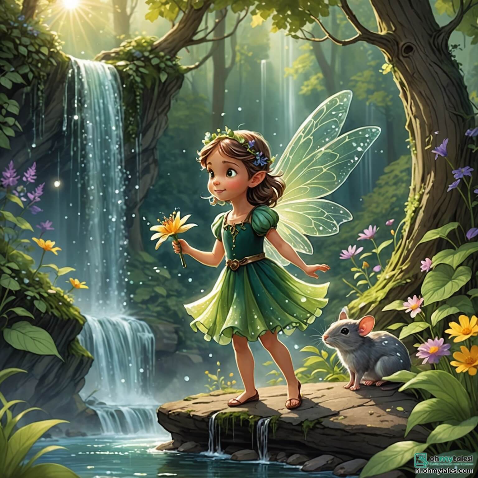 Une illustration destinée aux enfants représentant une petite elfe aux ailes scintillantes comme des gouttes de rosée, avec une robe verte ornée de fleurs colorées, se tenant courageusement au bord d'une cascade étincelante dans une forêt enchantée, où des rayons de soleil dansent à travers les feuilles des arbres majestueux, tandis qu'elle se prépare à partir à l'aventure avec son fidèle compagnon, un petit garçon souris à la fourrure grise et aux yeux pétillants d'audace, pour retrouver une étoile magique perdue, tout en étant entourés de créatures fantastiques comme des fées lumineuses et des lucioles dansantes qui illuminent le chemin dans ce paysage féerique rempli de couleurs vives et de doux parfums floraux.