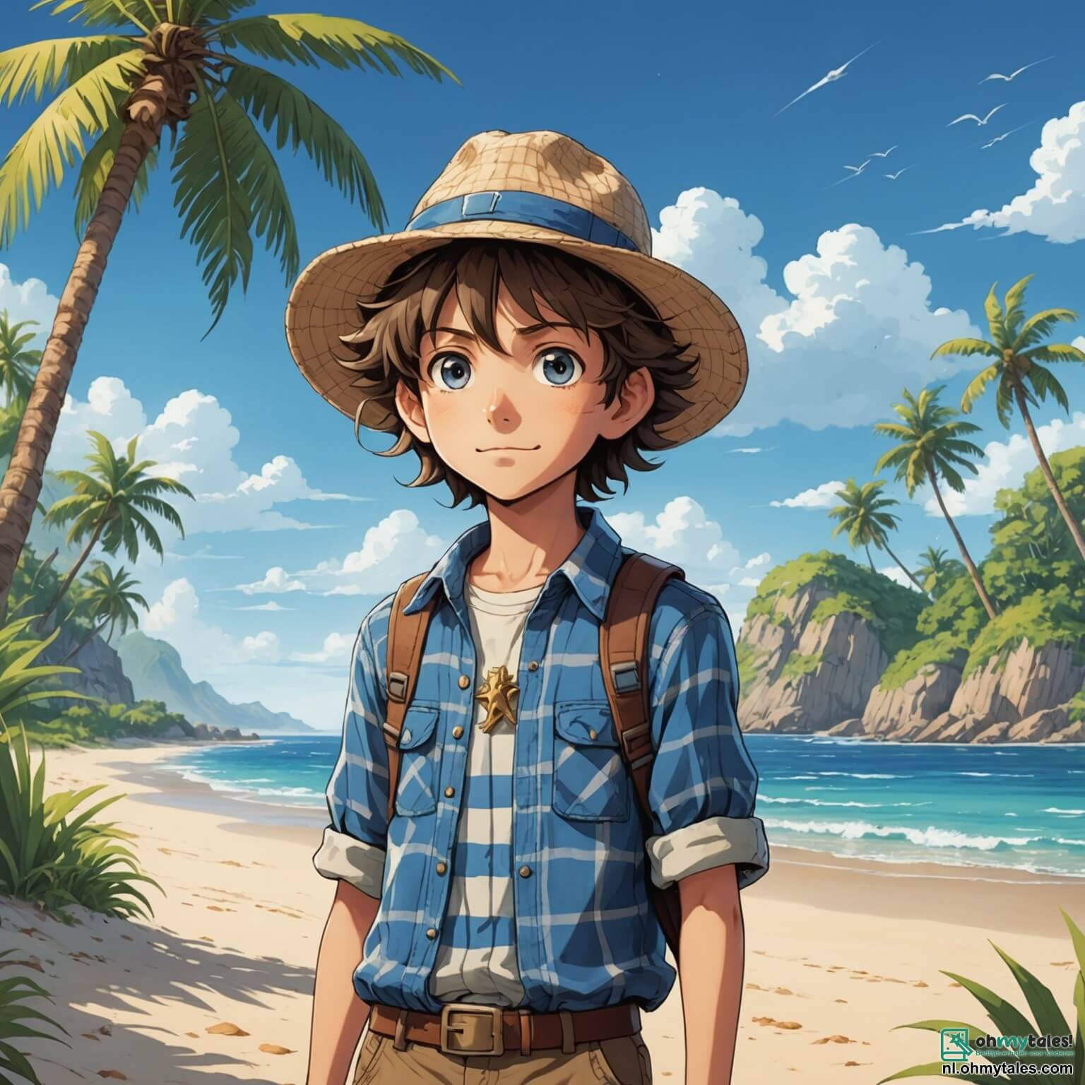 Une illustration destinée aux enfants représentant un homme intrépide aux cheveux ébouriffés, vêtu d'une chemise à carreaux et d'un chapeau d'explorateur, se tenant sur le rivage d'une île mystérieuse aux plages de sable doré et aux palmiers dansants sous un ciel azur, tandis qu'il scrute l'horizon à la recherche de trésors cachés, accompagné de sa fidèle amie, une jeune fille aux yeux pétillants et aux cheveux bouclés, qui, armée de son carnet de croquis, s'émerveille devant les créatures exotiques et les plantes colorées qui peuplent la jungle luxuriante qui s'étend derrière eux, où des chants d'oiseaux résonnent et où la lumière du soleil filtre à travers le feuillage dense, créant un tableau enchanteur d'aventure et de découverte.