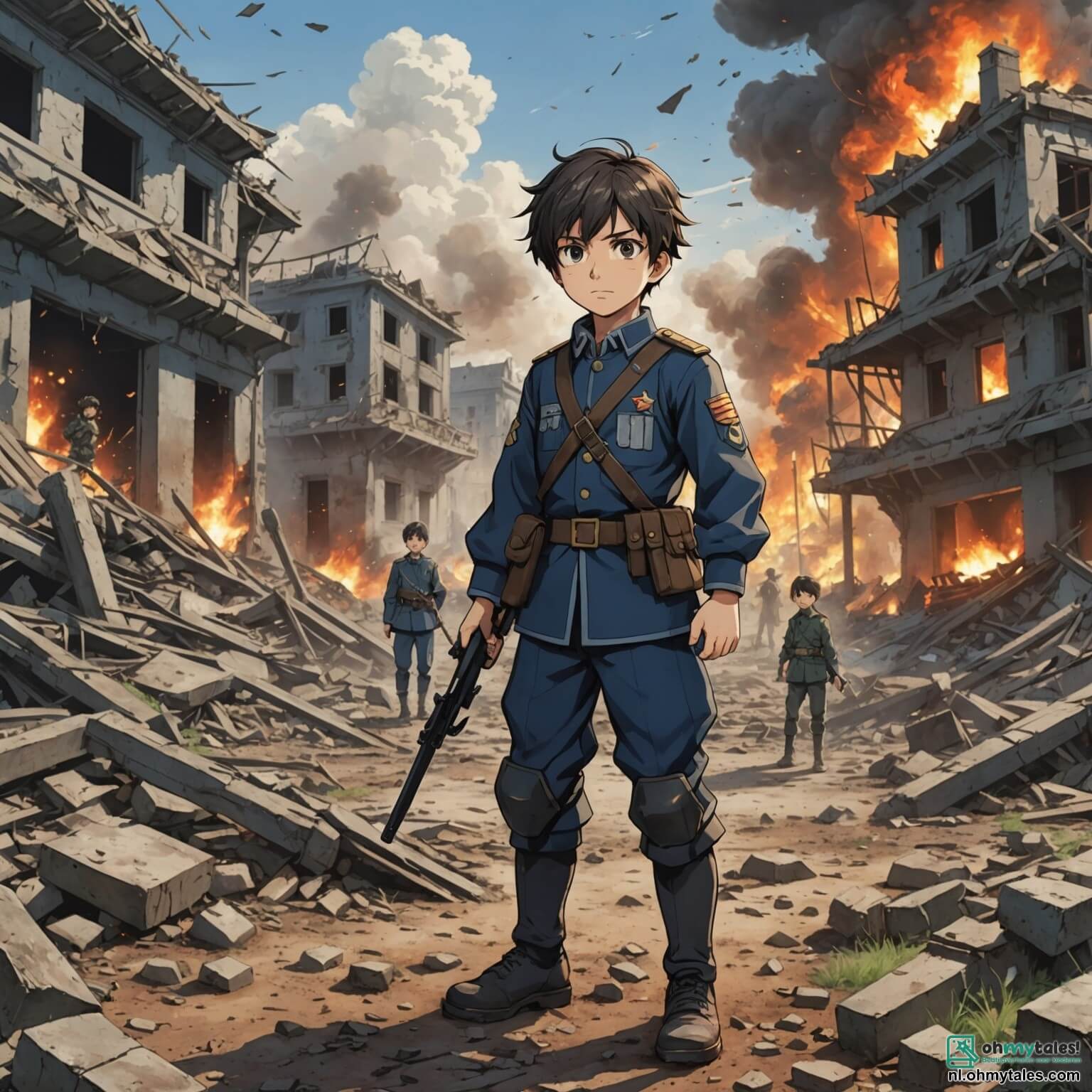 Une illustration destinée aux enfants représentant un homme au regard déterminé, vêtu d'un uniforme usé par les combats, se tenant au milieu d'un champ de bataille dévasté où des éclats de terre volent sous le poids des explosions, tandis qu'un groupe de jeunes garçons, aux visages marqués par l'innocence perdue, se cache derrière des débris de maisons en ruines, et une fillette aux cheveux emmêlés, les yeux pleins de larmes, observe avec espoir un ciel assombri par la fumée, tous se trouvant dans un village autrefois paisible, désormais transformé en un paysage de désolation, où les souvenirs de rires d'enfants se mêlent aux échos lointains des sirènes et des cris, illustrant ainsi la lutte pour la survie et la quête de paix au cœur de la guerre.