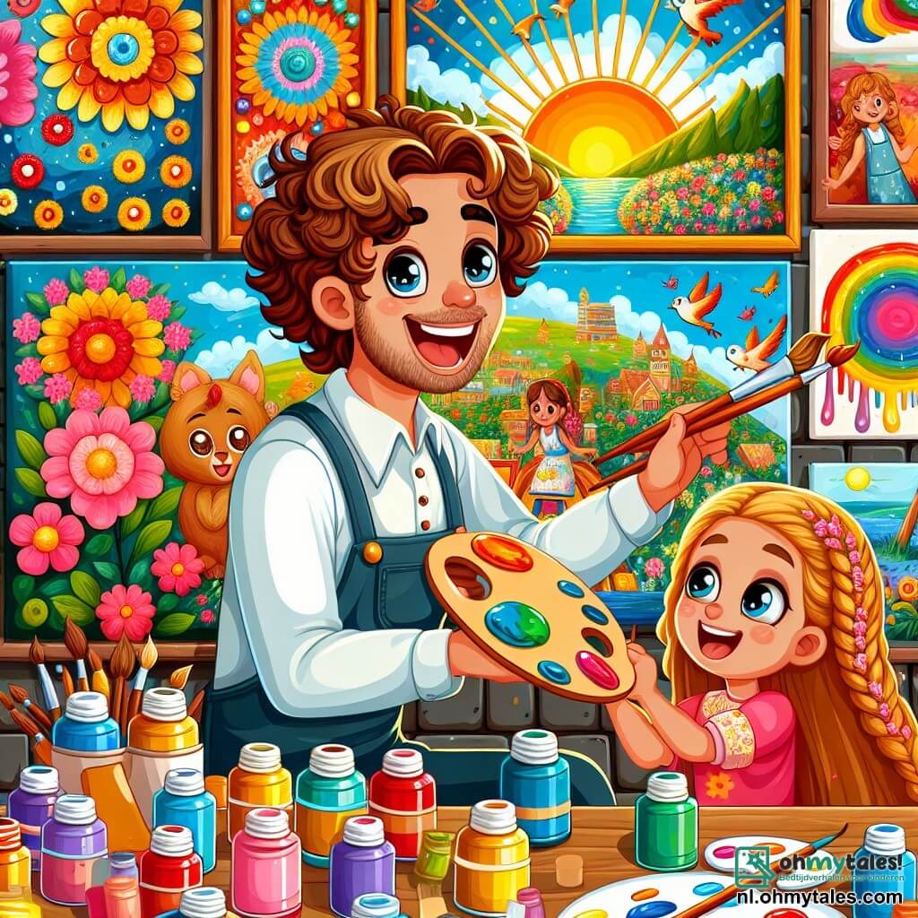 Une illustration sous forme de dessin destinée aux enfants représentant un atelier coloré rempli de pots de peinture éclatants et de toiles accrochées aux murs, où un jeune homme aux cheveux bouclés et au sourire radieux peint avec passion un paysage vibrant, tandis qu'une petite fille aux yeux pétillants et aux cheveux tressés l'observe avec émerveillement, tenant un pinceau à la main, alors qu'ils créent ensemble un magnifique tableau de fleurs et d'oiseaux, symbolisant l'amitié et la créativité.
