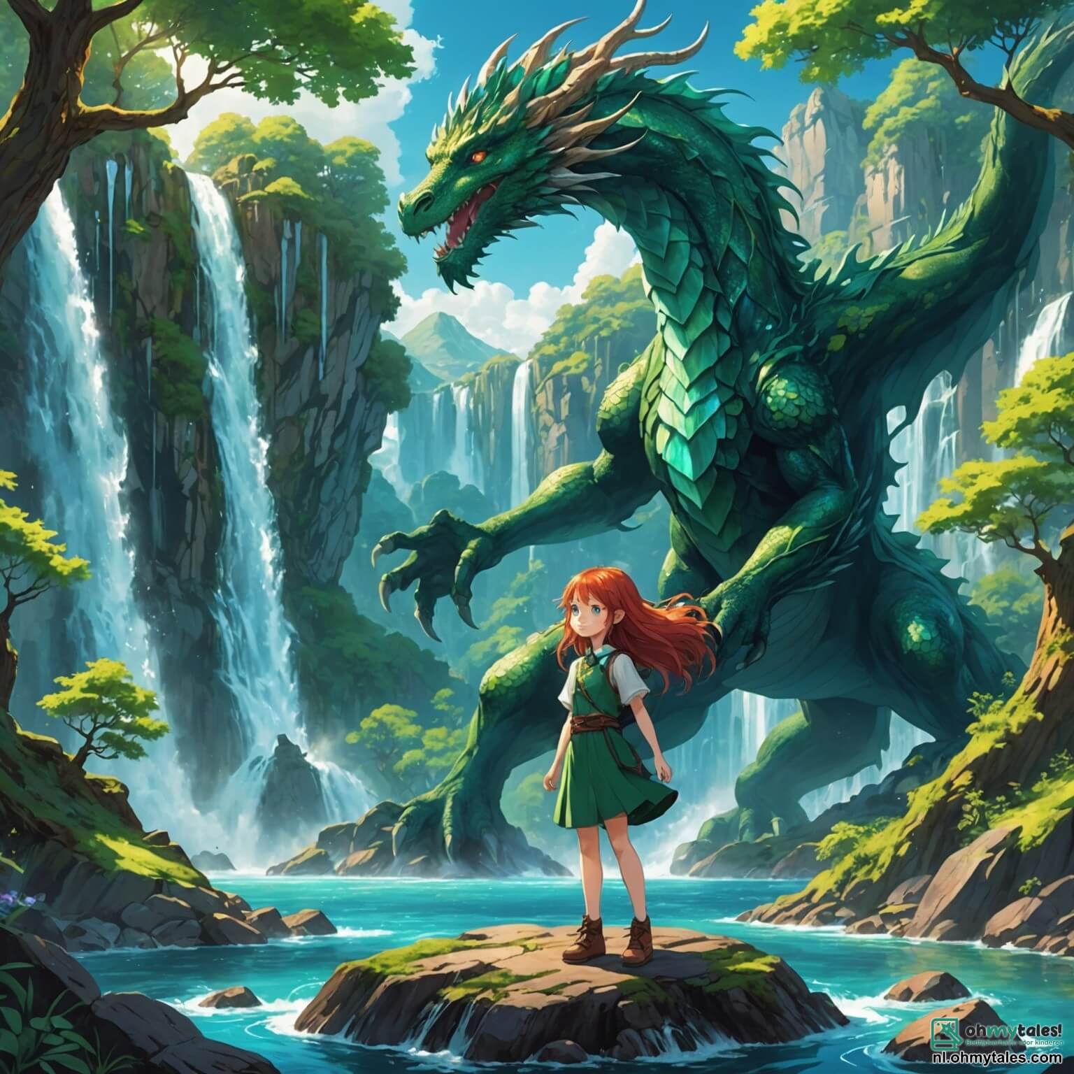 Une illustration destinée aux enfants représentant un géant au cœur d'une forêt enchantée, où les arbres majestueux, aux troncs noueux et aux feuilles scintillantes comme des émeraudes, s'élèvent vers le ciel azur, tandis que le géant, une fille à la chevelure flamboyante et aux yeux pétillants de curiosité, se tient devant une immense cascade aux eaux cristallines qui dansent sur des rochers luisants, cherchant à aider un petit dragon aux écailles irisées, son ami fidèle, qui se sent perdu et effrayé, tout en étant observée par un hibou sage, un garçon aux plumes dorées, perché sur une branche, prêt à offrir ses conseils pour surmonter les défis de cette aventure magique.