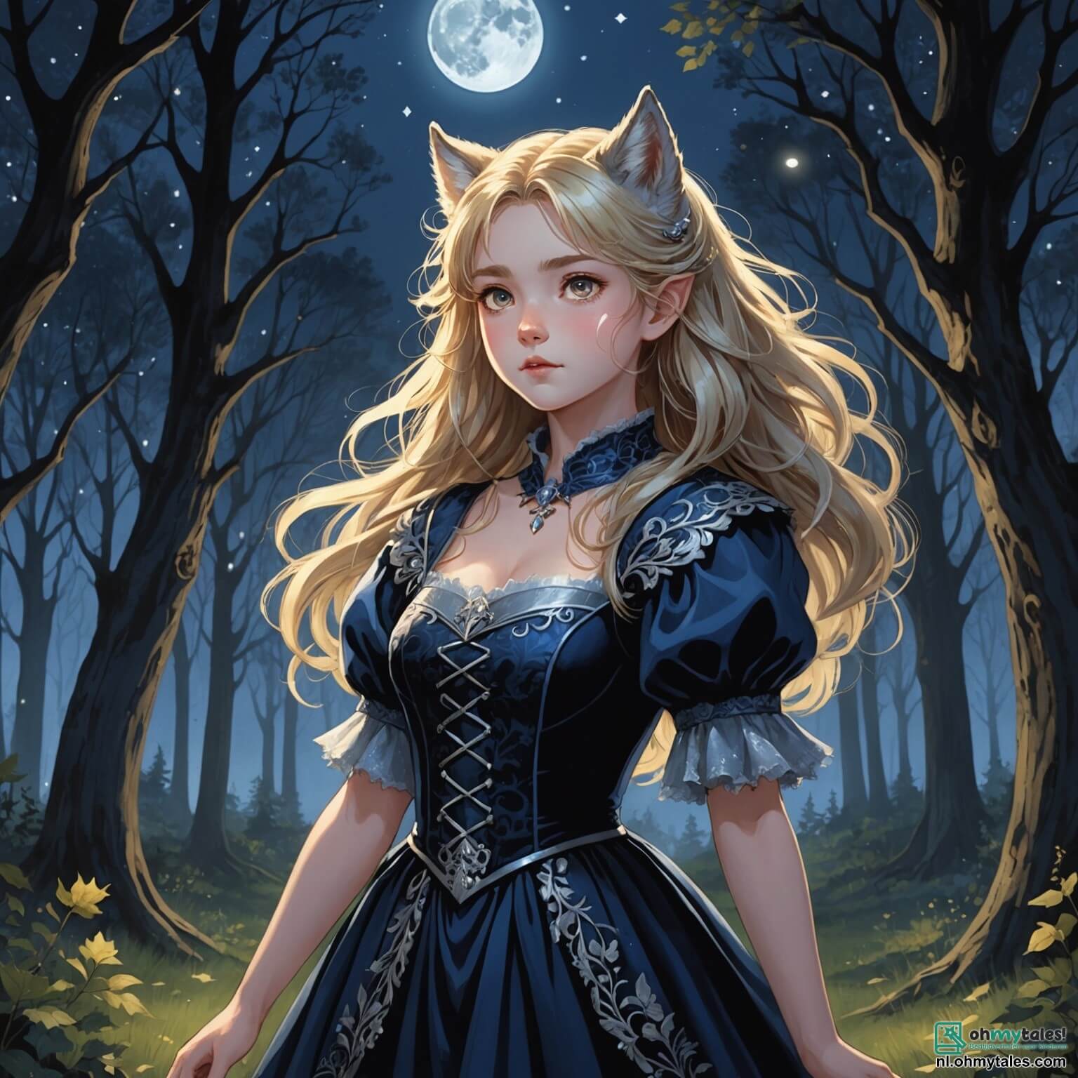 Une illustration destinée aux enfants représentant un loup-garou au pelage argenté scintillant sous la lumière de la lune, ses yeux brillants comme des étoiles, se tenant au bord d'une clairière enchantée, entouré de majestueux arbres aux troncs noueux et aux feuilles luminescentes, où une jeune fille courageuse aux cheveux dorés et aux yeux pétillants, vêtue d'une robe de velours bleu nuit, s'apprête à l'aider à briser la malédiction qui le transforme chaque nuit en créature sauvage, tandis qu'un sage hibou aux plumes d'un brun profond les observe depuis une branche, le tout se déroulant dans un royaume féérique où les fleurs chantent et les rivières murmurent des secrets anciens.