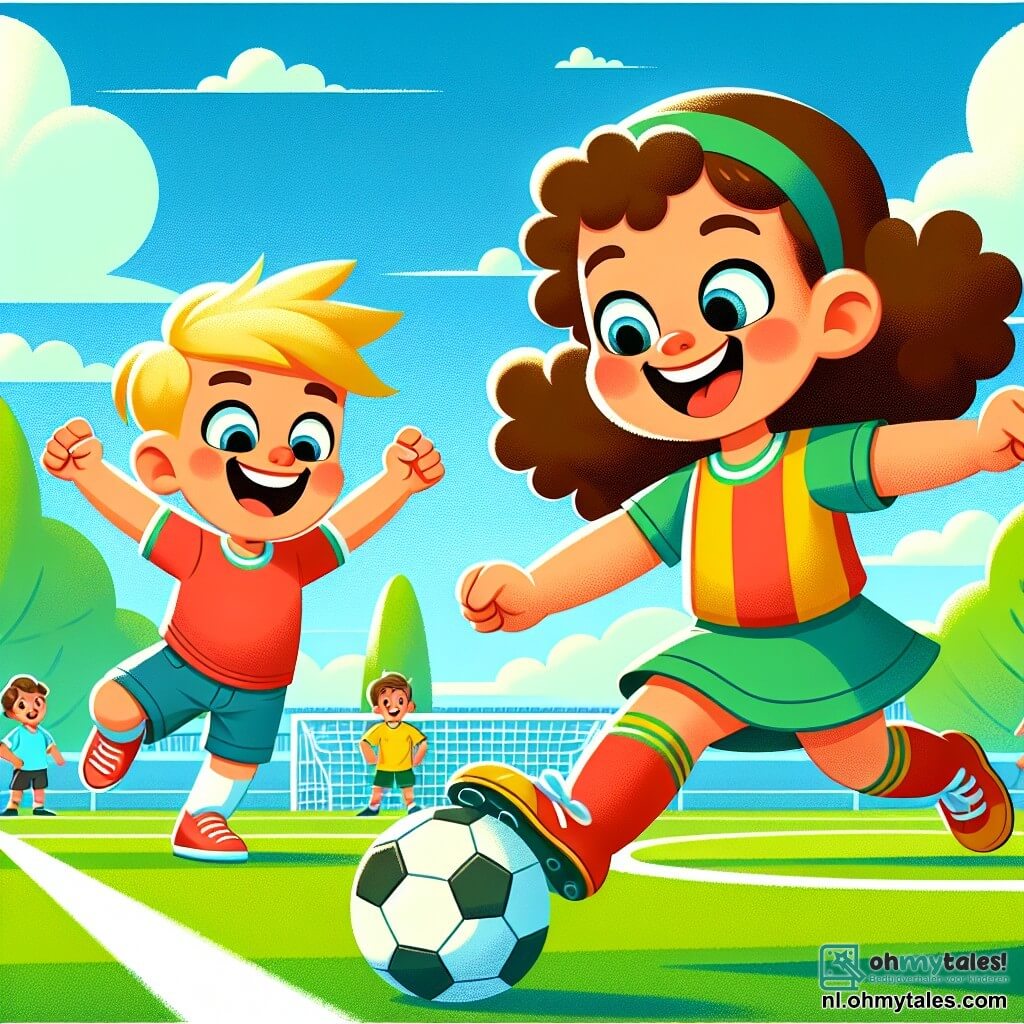 Une illustration sous forme de dessin destinée aux enfants représentant un terrain de football verdoyant sous un ciel bleu ensoleillé, avec une jeune fille aux cheveux bruns et bouclés, portant un maillot de football coloré, en train de dribbler un ballon avec un grand sourire sur le visage, tandis qu'un garçon aux cheveux blonds, vêtu d'un short et d'un t-shirt, l'encourage en levant les bras avec enthousiasme, capturant l'esprit de camaraderie et de joie du jeu.