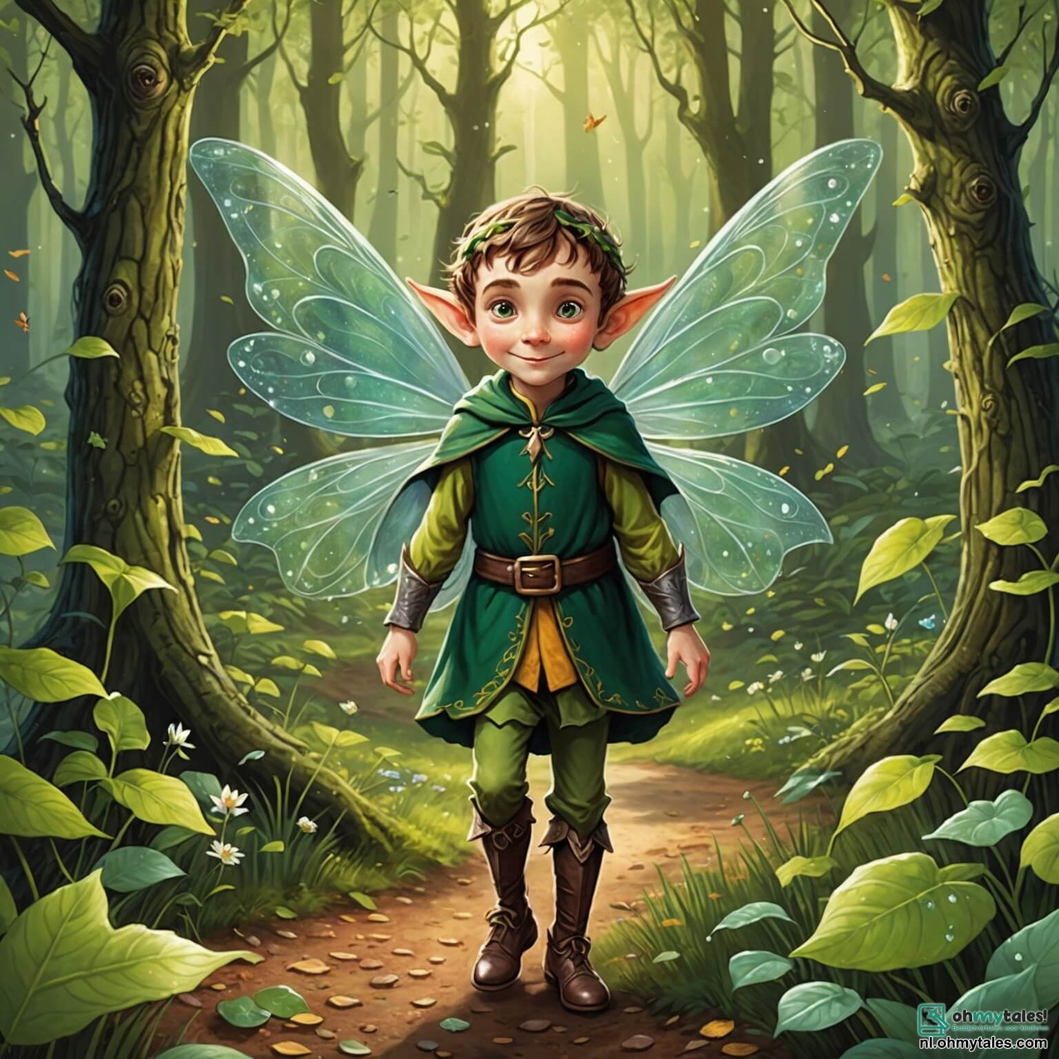 Une illustration destinée aux enfants représentant une jeune elfe aux yeux pétillants et aux ailes scintillantes comme des gouttes de rosée, qui se trouve dans une clairière enchantée du Betoverde Bos, où les arbres aux troncs torsadés et aux feuilles multicolores dansent au rythme d'une douce mélodie, entourée de créatures rigolotes comme un konijn-draak aux écailles vertes et aux grandes oreilles, ainsi que des Glimlachbloemen aux visages souriants qui chantent en chœur, alors qu'elle s'apprête à organiser un grand concours de chant pour célébrer l'amitié et la magie de leur monde féerique.