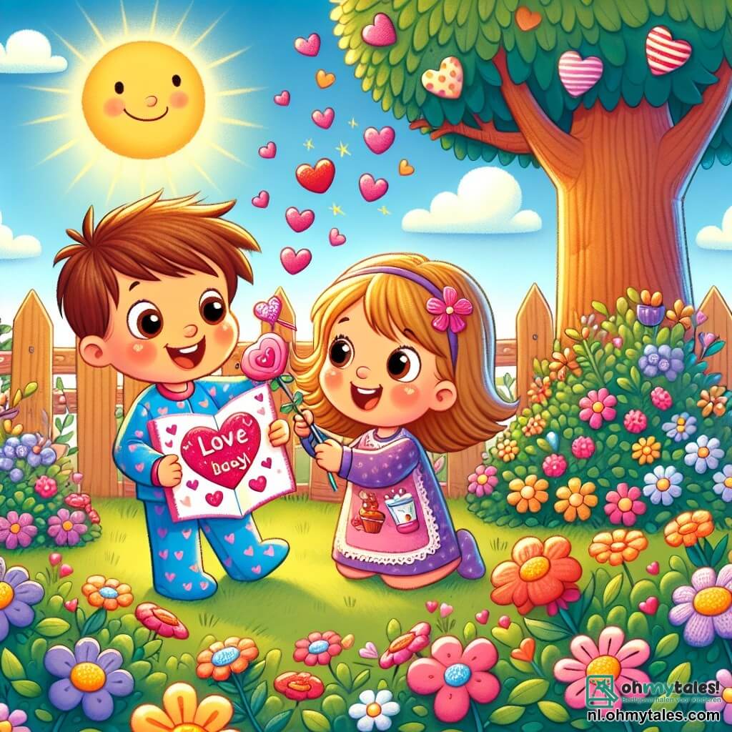 Une illustration sous forme de dessin destinée aux enfants représentant un jardin ensoleillé avec des fleurs colorées et un grand arbre, où un garçon de 5 ans aux cheveux bruns et aux yeux pétillants, vêtu d'une pyjama bleue, tient une carte de Saint-Valentin décorée de cœurs et de paillettes, tandis qu'une petite fille de 5 ans aux cheveux blonds et en robe rose sourit joyeusement en tenant des bonbons en forme de cœur, capturant un moment de partage et d'amitié lors de leur célébration de la Saint-Valentin.
