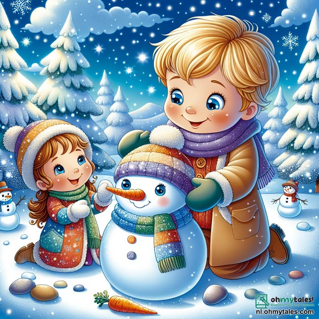 Une illustration sous forme de dessin destinée aux enfants représentant un paysage hivernal féerique avec des arbres recouverts de neige scintillante, un garçon de 3 ans aux cheveux blonds et aux joues roses, riant joyeusement en construisant un bonhomme de neige avec une carotte pour le nez et des pierres pour les yeux, tandis qu'une maman souriante, aux cheveux bruns et en manteau coloré, l'observe avec tendresse, le tout sous un ciel bleu clair parsemé de flocons de neige tombants, capturant l'esprit joyeux et magique de l'hiver.