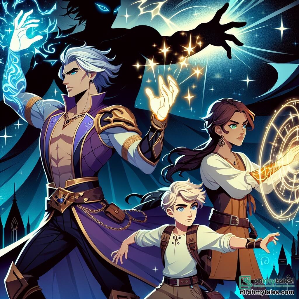 Une illustration sous forme de dessin destinée aux enfants représentant une scène dynamique dans la ville magique de Neptunia, où un homme grand et athlétique aux yeux argentés et aux cheveux bleu nuit, vêtu d'un costume violet et doré, utilise ses pouvoirs pour projeter une puissante lumière étoilée contre une silhouette sombre menaçante, tandis qu'une femme forte avec des cheveux bruns et une tenue en terre, ainsi qu'un jeune garçon aux cheveux blonds et à l'air intelligent, l'aident en manipulant la gravité et en communiquant par télépathie, créant une atmosphère de camaraderie et de courage face à l'ombre du mal.