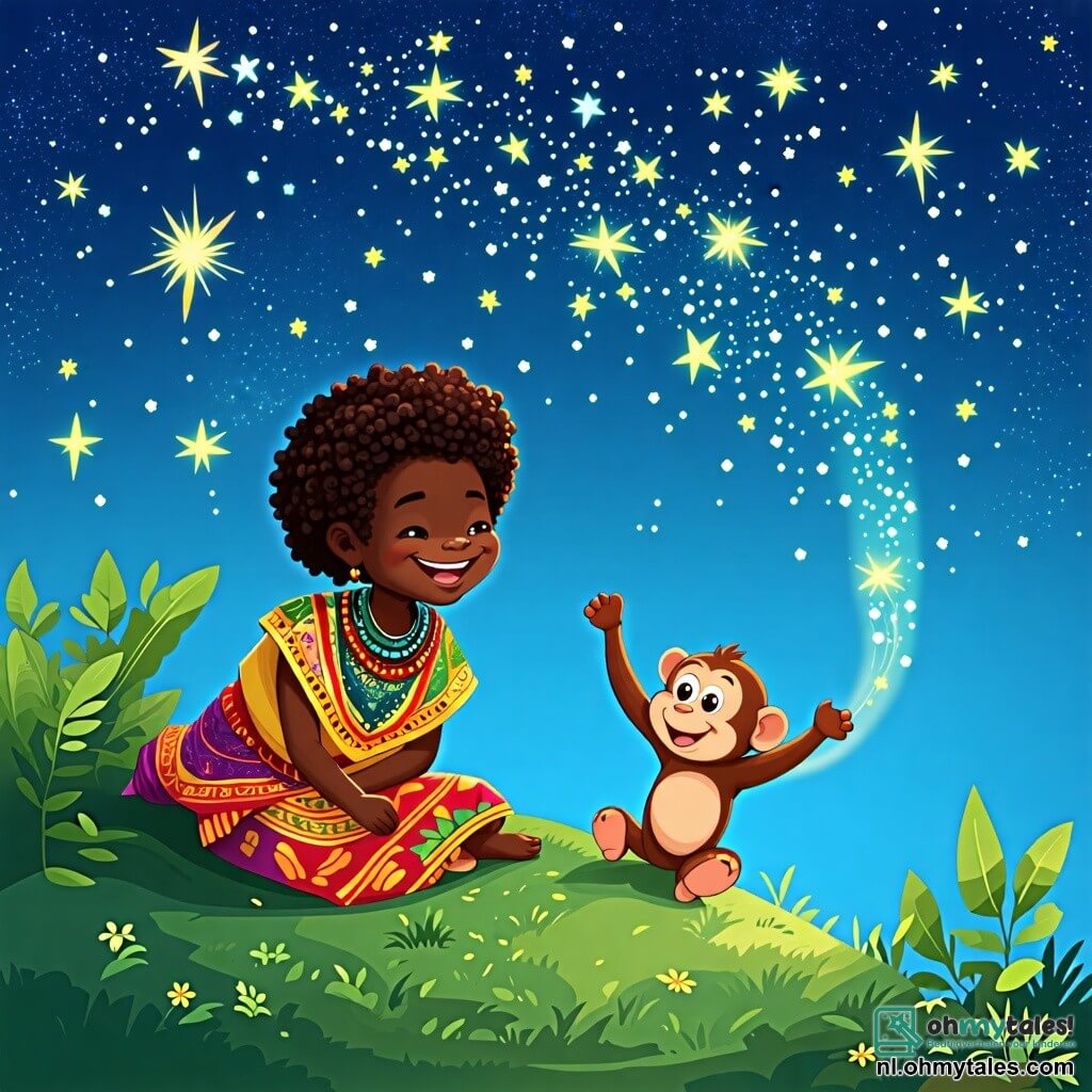 Une illustration sous forme de dessin destinée aux enfants représentant une colline verdoyante sous un ciel étoilé, où un homme africain à la peau foncée, aux cheveux crépus et portant un vêtement traditionnel coloré, sourit en regardant les étoiles, tandis qu'à ses côtés, une petite fille singe au pelage brun clair, avec de grands yeux curieux, lève les bras vers le ciel, émerveillée par la beauté des étoiles, symbolisant leur amitié et la magie des contes africains.