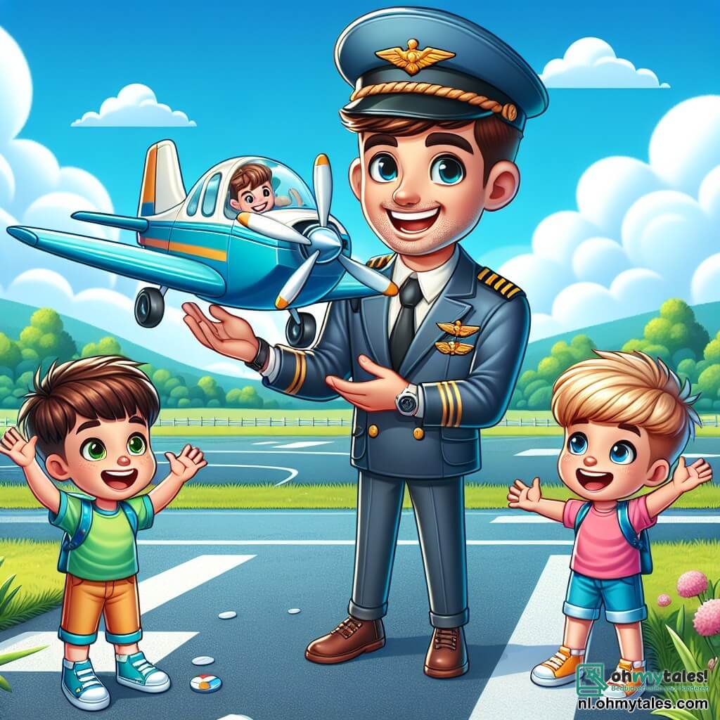 Une illustration sous forme de dessin destinée aux enfants représentant une scène vibrante sur une piste d'atterrissage ensoleillée, où un homme souriant en uniforme de pilote, avec des cheveux bruns et une casquette, montre fièrement son petit avion bleu aux enfants émerveillés, trois garçons aux cheveux blonds et bruns, portant des t-shirts colorés, qui sautent de joie en levant les bras, tandis qu'un ciel bleu parsemé de nuages duveteux et des arbres verdoyants entourent la scène, capturant l'excitation et l'émerveillement d'une première expérience de vol.
