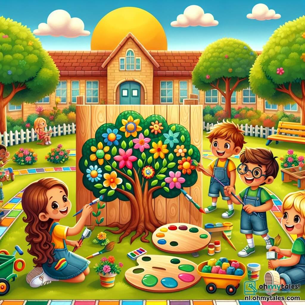 Illustratie van een zonnige schoolplein, vol levendige kleuren. Groene bomen omringen de speelplaats en kleurrijke bloemen groeien langs de paden. In het midden staat een groep kinderen rondom een groot houten bord waarop ze een prachtige muurschildering in de vorm van een boom met gekleurde bladeren hebben geschilderd. Tussen de personages is er een zevenjarig meisje met krullend bruin haar en een grote glimlach, gekleed in een gele t-shirt en een spijkerbroek, dat een groene blad op de muur schildert. Naast haar staat een zevenjarige jongen met ronde bril en blond haar, gekleed in een blauwe t-shirt, die een penseel vasthoudt en vrolijk lacht. Een ander meisje, ook zeven jaar oud, met lang steil haar, zit in een mooie kleurrijke caravan, glimlacht en moedigt haar vrienden aan, terwijl ze haar enthousiasme voor hun project toont. De hoofdscène toont de kinderen die vrolijk samenwerken om een kunstwerk te creëren dat inclusiviteit en vriendschap symboliseert. Gelach weerklinkt in de lucht terwijl ze elkaar helpen, ieder met zijn persoonlijke bijdrage aan de muurschildering. Op de achtergrond spelen andere kinderen, wat de geest van kameraadschap en diversiteit op het plein illustreert.