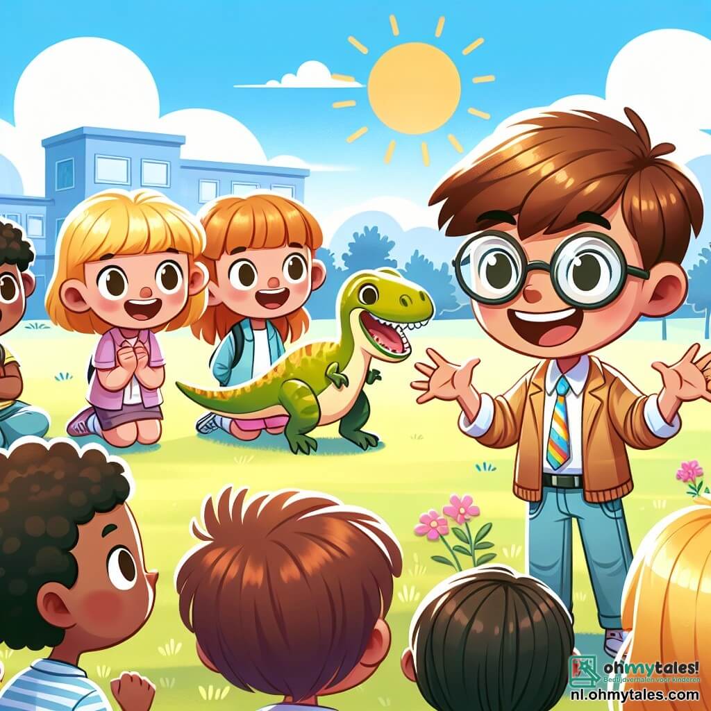 Une illustration sous forme de dessin destinée aux enfants représentant une cour d'école ensoleillée, où un garçon de 11 ans aux cheveux châtains et aux lunettes, souriant et enthousiaste, explique avec passion des faits sur les dinosaures à un groupe d'enfants, dont une fille aux cheveux blonds et une autre fille aux cheveux bruns, tous deux attentifs et curieux, illustrant ainsi l'acceptation et la tolérance entre amis malgré leurs différences.