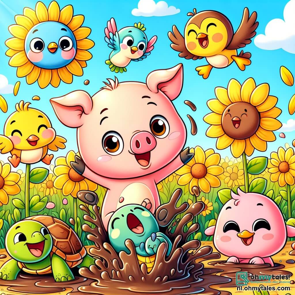 Une illustration sous forme de dessin destinée aux enfants représentant un champ ensoleillé rempli de grandes fleurs jaunes, où un petit cochon rose avec une grande nez brillant et des oreilles droites s'amuse à sauter joyeusement dans un bain de boue, tandis qu'une tortue à la carapace brillante et un groupe de joyeux oiseaux colorés rient et dansent autour de lui, créant une atmosphère de fête et de camaraderie, avec des éclaboussures de boue et des sourires éclatants sur tous les visages.