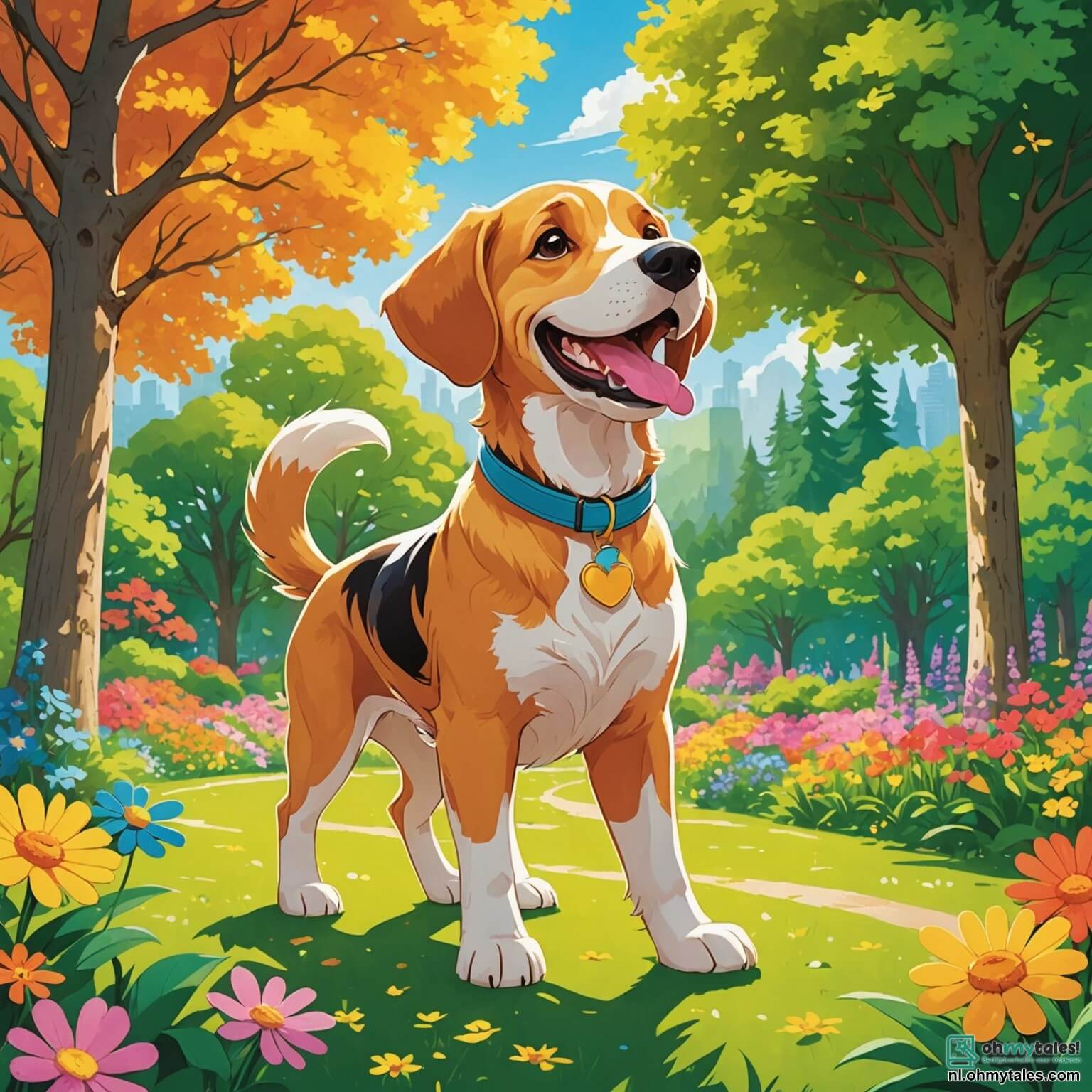 Une illustration destinée aux enfants représentant un grand chien aux poils dorés scintillants comme des rayons de soleil, avec un sourire éclatant et une queue qui s'agite joyeusement, se tenant au centre d'un parc coloré rempli de fleurs éclatantes, de grands arbres aux feuilles verdoyantes et de rires d'animaux, alors qu'il se prépare avec son ami le petit beagle à réaliser une série de tours amusants pour la Grande Compétition Animale, entourés de leurs camarades félins espiègles qui les encouragent depuis les branches des arbres, créant une ambiance festive et pleine de camaraderie.