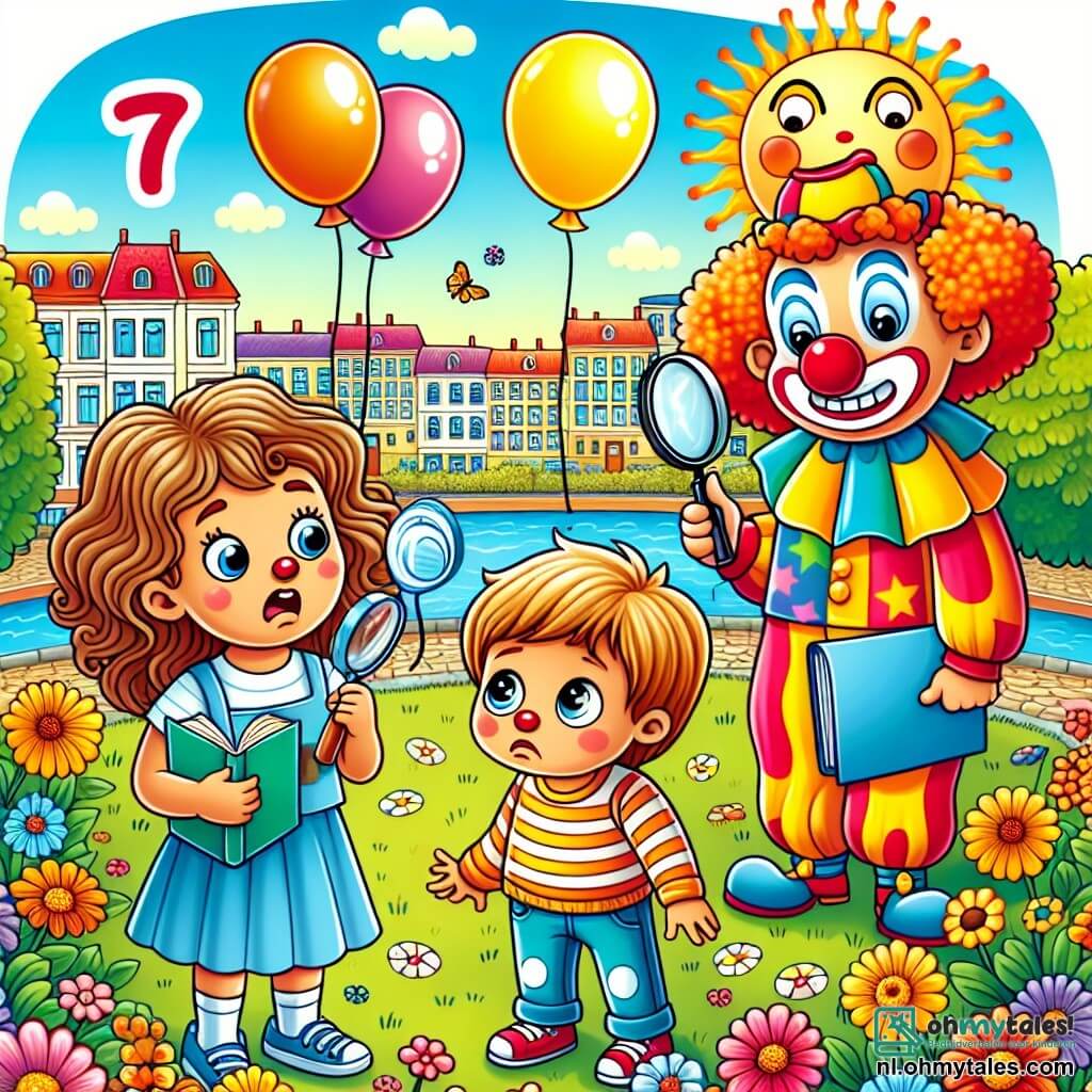 Une illustration sous forme de dessin destinée aux enfants représentant un parc ensoleillé de Zonnedorp, rempli de fleurs colorées et de ballons flottants, avec une petite fille de 7 ans aux cheveux bruns et bouclés, portant une loupe et un carnet, en train d'interroger un petit garçon aux yeux tristes qui tient des ballons, tandis qu'un clown joyeux avec un grand nez rouge et une tenue colorée observe la scène avec un sourire, tous trois engagés dans une enquête pour retrouver les ballons disparus d'un enfant.