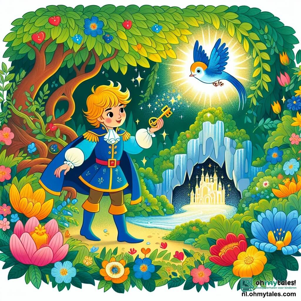 Une illustration sous forme de dessin destinée aux enfants représentant un magnifique jardin féerique, rempli de fleurs colorées et de grands arbres verdoyants, où un prince courageux aux cheveux dorés et vêtu d'une tunique bleue brillante, tient une clé dorée dans sa main, tandis qu'une petite oiseau bleu aux plumes éclatantes vole joyeusement autour de lui, alors qu'ils découvrent ensemble une mystérieuse grotte scintillante, symbole de leur quête pour trouver une précieuse fleur magique qui apporte le bonheur.