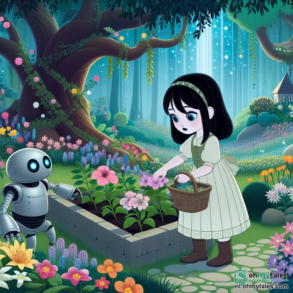 Une illustration sous forme de dessin destinée aux enfants représentant une verdoyante et magique Verdwenen Tuin, pleine de fleurs colorées et d'arbres majestueux, où une jeune fille à la peau claire et aux cheveux noirs comme la nuit, vêtue d'une robe simple mais élégante, s'occupe avec tendresse des plantes, tandis qu'un petit robot aux yeux brillants et au corps métallique, avec un sourire amical, l'observe et l'encourage, alors qu'ils préparent une grande démonstration pour sensibiliser les habitants de la ville à la protection de la nature.