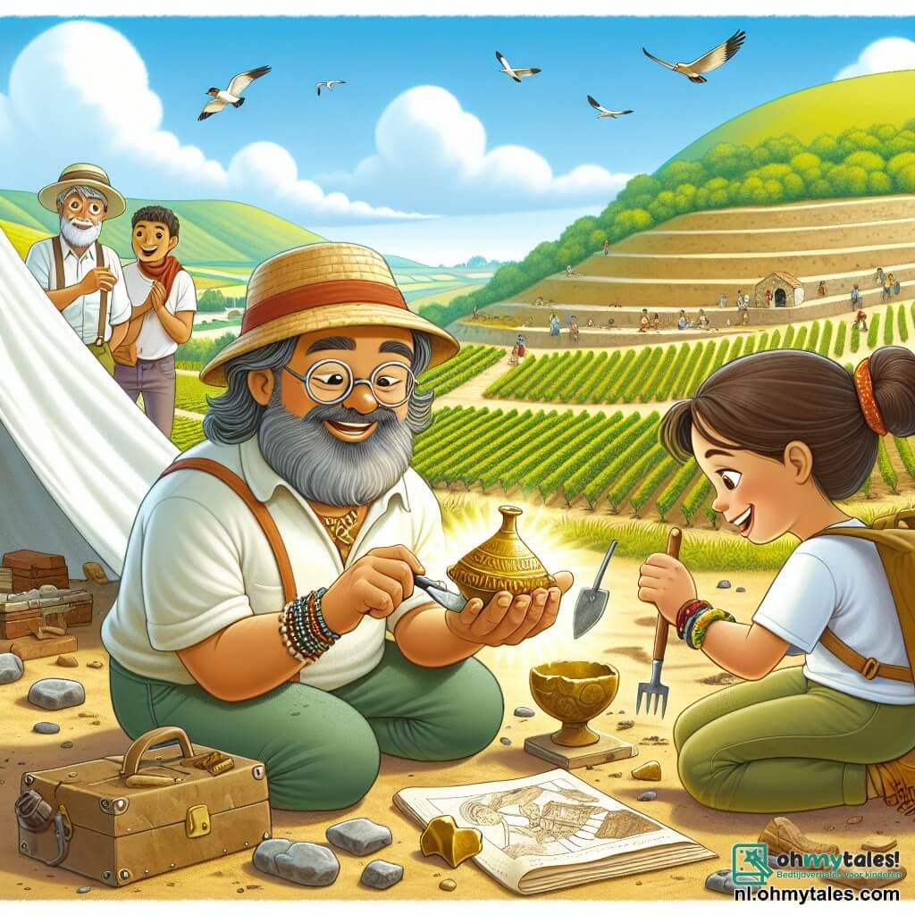 Illustratie van een zonnige archeologische site in Italië, omgeven door groene heuvels en weelderige wijnstokken. De grond is bezaaid met stenen en fragmenten van oude aardewerk, terwijl een witte tent op de achtergrond staat, waar de opgravingstools zijn ondergebracht. Op de voorgrond zit een man van ongeveer vijftig jaar, met een lange grijze baard en ronde bril, een strohoed en een kortemouwen shirt. Hij zit in een hurkende houding, met een klein penseel in de ene hand en een fragment van aardewerk in de andere, zijn gezicht straalt opwinding en concentratie uit. Naast hem staat een jonge vrouw van ongeveer 25 jaar, met bruin haar in een knot, gekleed in een t-shirt en wandelbroek. Ze bestudeert aandachtig een oude kaart, maakt aantekeningen in een klein notitieboekje, met een glimlach van enthousiasme op haar gezicht. De hoofdscène toont de man die een waardevol gouden artefact ontdekt, terwijl de jonge vrouw hem aanmoedigt en haar vreugde deelt. Vogels vliegen in de blauwe lucht, en opgravingstools zoals scheppen en emmers liggen verspreid om hen heen, wat een authentiek tintje aan de archeologische werkomgeving toevoegt.