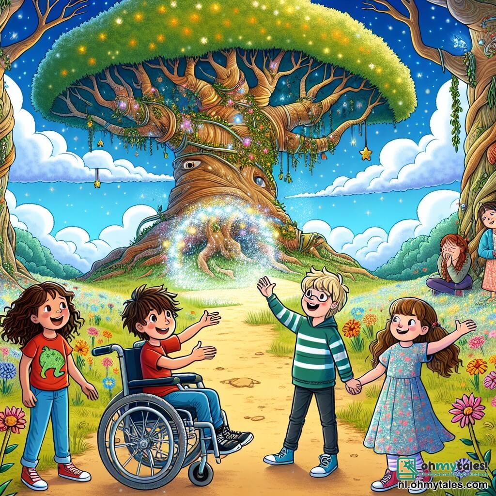 Illustratie die een magische scène in een stadspark weergeeft, waar grote bomen met knoestige stammen oprijzen onder een stralende blauwe lucht, bezaaid met donzige wolken. In het midden staat een enorme oude eik met groene en gouden bladeren, omringd door kleurrijke bloemen die dansen in de wind. Vier kinderen, twee jongens en twee meisjes, zijn verzameld rond de boom. De eerste jongen, zes jaar oud, heeft rommelig bruin haar en draagt een rode t-shirt met een dinosaurusafbeelding. Hij kijkt verwonderd naar de magische barrière die schittert met duizend lichten. De tweede jongen, ook zes jaar oud, zit in een rolstoel en heeft blond haar en een bril. Hij glimlacht vrolijk, met twinkelende ogen van opwinding. Het eerste meisje, zes jaar, heeft lange krullende haren en draagt een bloemenjurk. Ze wijst nieuwsgierig naar de magische barrière. Het tweede meisje, ook zes jaar, heeft kastanjebruin haar en draagt een blauwe t-shirt. Ze lacht terwijl ze de hand van haar vriend vasthoudt, klaar om in het avontuur te duiken. De belangrijkste situatie toont de kinderen die zich voorbereiden om de schitterende barrière over te steken, omringd door fantastische wezens in levendige kleuren die om hen heen dansen. Flitsen van licht en vallende sterren voegen een vleugje magie toe aan de sfeer, terwijl mysterieuze schaduwen aan de horizon verschijnen, wat wijst op een opwindend avontuur dat komen gaat.