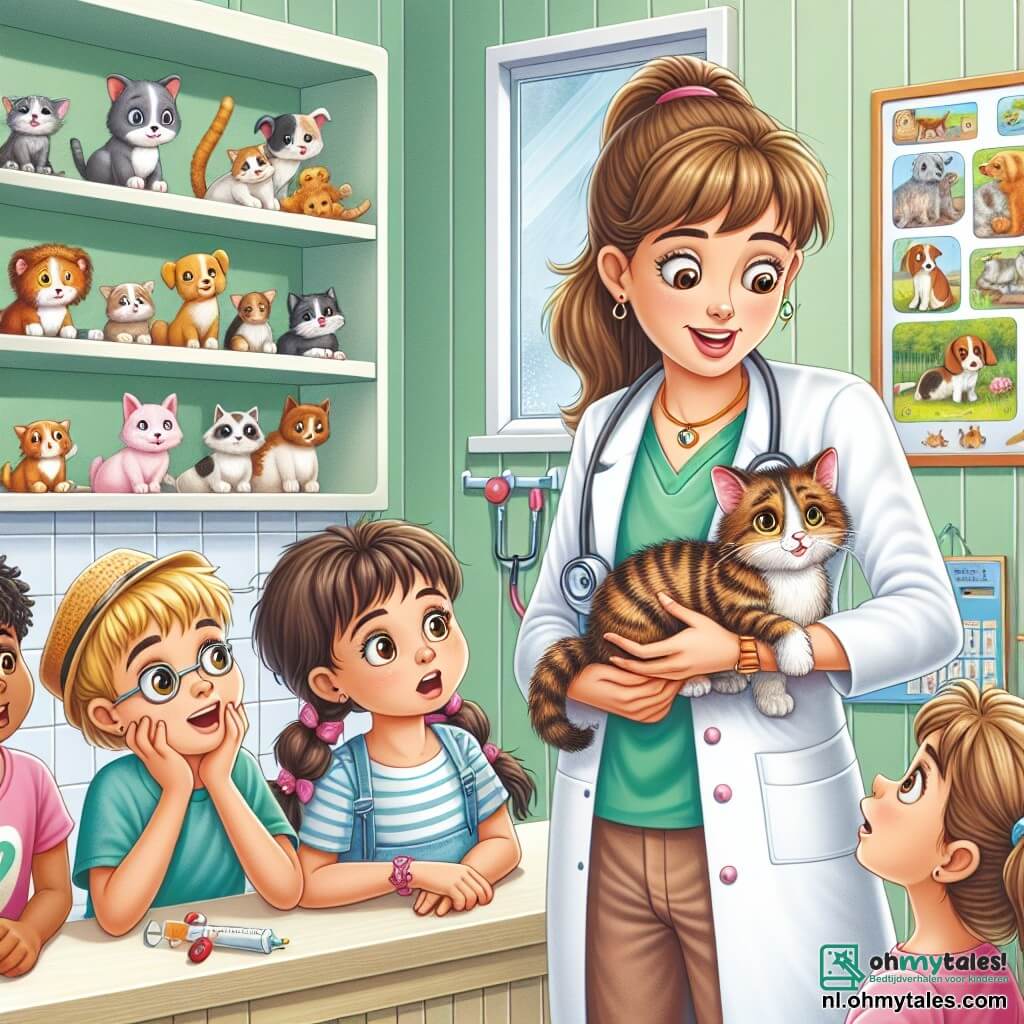 Illustratie van een warme en uitnodigende spreekkamer van een dierenkliniek, met pastelgroene muren en planken vol met speelgoed voor dieren. In het midden staat een vrouwelijke dierenarts van rond de dertig met kastanjebruin haar in een paardenstaart, gekleed in een witte jas en een stethoscoop om haar nek. Ze leunt met een vriendelijke glimlach over een kleine getijgerde kat en onderzoekt deze zorgvuldig. Om haar heen observeren vijf kinderen van 7 tot 10 jaar met verwonderde gezichten aandachtig. Een meisje met krullend bruin haar in een roze t-shirt houdt een hondenspeeltje vast. Een jongen met een bril en blond haar in een blauw t-shirt stelt nieuwsgierig een vraag. Een ander meisje met vlechten kijkt met grote bewonderende ogen naar de kat, terwijl twee jongens, één met een strooien hoed en de ander in een groen t-shirt, lachen. De hoofdscène toont de dierenarts die de kinderen uitlegt hoe ze voor dieren moeten zorgen, omringd door speelgoed en educatieve posters over dierenverzorging. Extra grafische elementen zijn een bord met tekeningen van dieren, een raam dat zonlicht binnenlaat en een mand vol met dieren speelgoed naast hen.