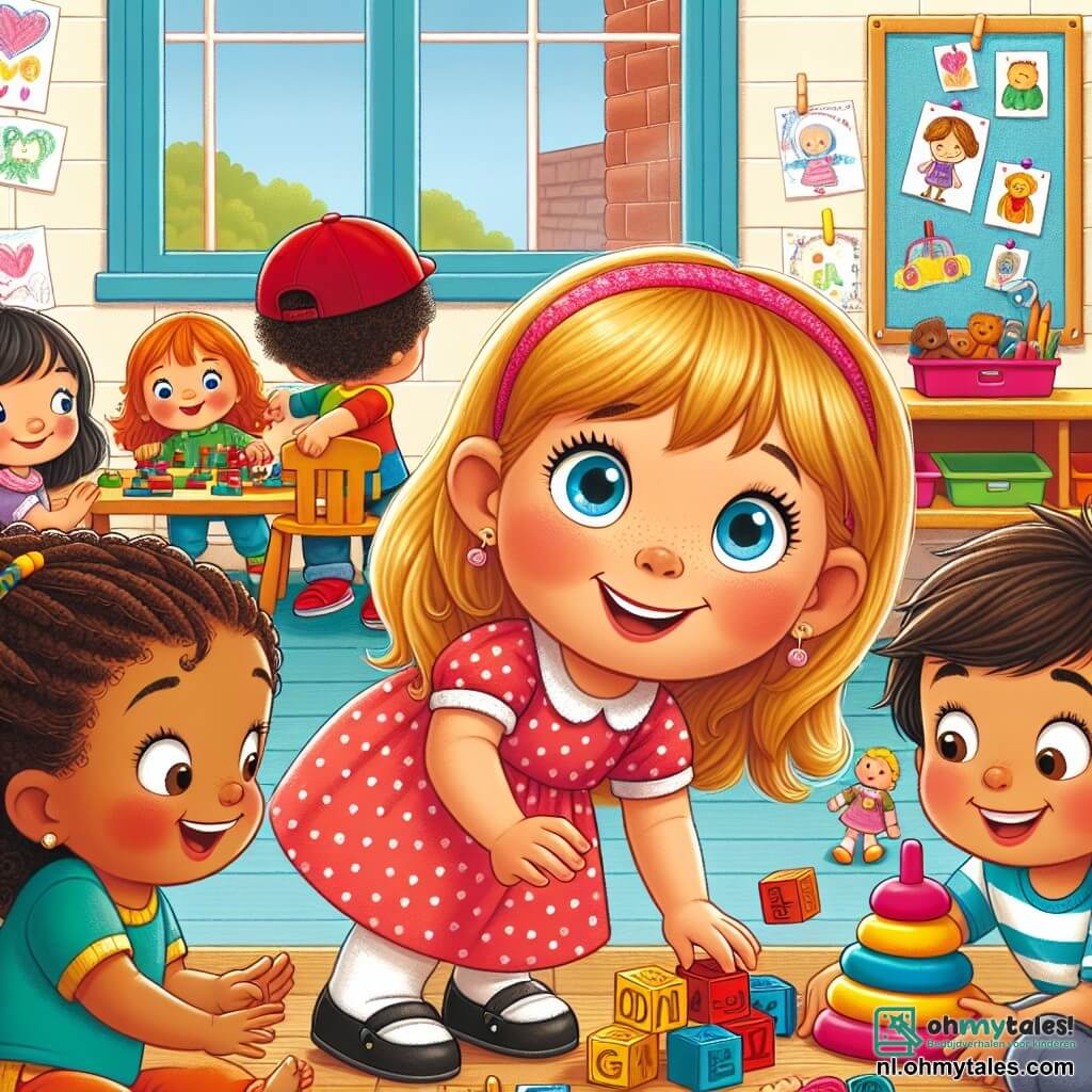 Une illustration sous forme de dessin destinée aux enfants représentant une salle de classe colorée avec des murs décorés de dessins d'enfants, où une petite fille de 3 ans aux cheveux blonds et aux yeux bleus, souriante et curieuse, joue avec des blocs de construction, entourée de ses camarades : une fille de 4 ans avec des cheveux bruns qui s'appelle Sara, en train de jouer avec des poupées, et un garçon de 5 ans portant une casquette rouge, Lucas, qui l'invite à glisser sur un toboggan en bois, illustrant l'excitation et la joie de faire de nouveaux amis à l'école.