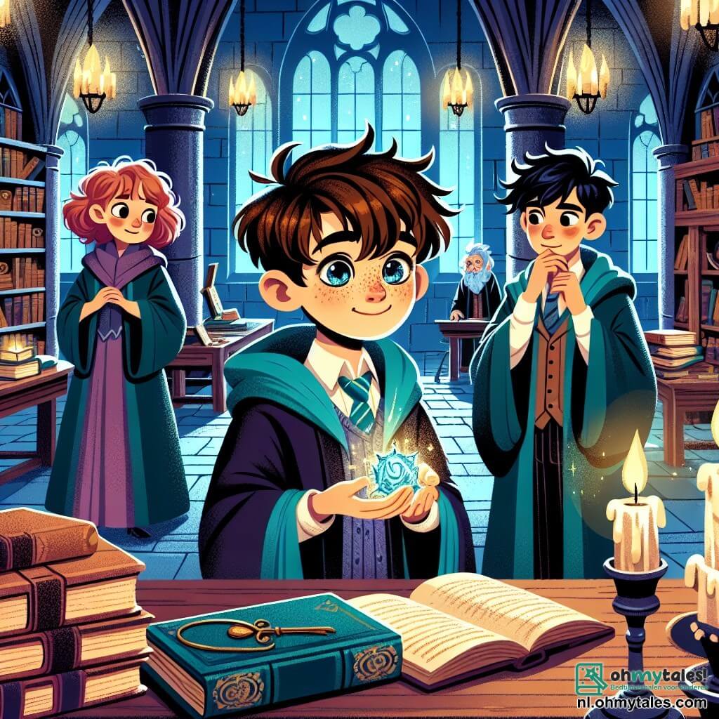 Une illustration sous forme de dessin destinée aux enfants représentant l'intérieur d'une ancienne académie de sorcellerie, avec de grandes étagères remplies de livres poussiéreux et des bougies vacillantes, au centre un jeune garçon aux cheveux châtains et aux yeux pétillants, vêtu d'une robe de sorcier bleue, tenant une amulette brillante dans sa main, tandis qu'à ses côtés se tiennent une femme aux cheveux rouges flamboyants, vêtue d'une robe verte, et un jeune homme espiègle aux cheveux noirs, tous deux observant avec curiosité un ancien grimoire ouvert sur une table, alors qu'ils se préparent à affronter un puissant sorcier maléfique pour récupérer un artefact magique volé.